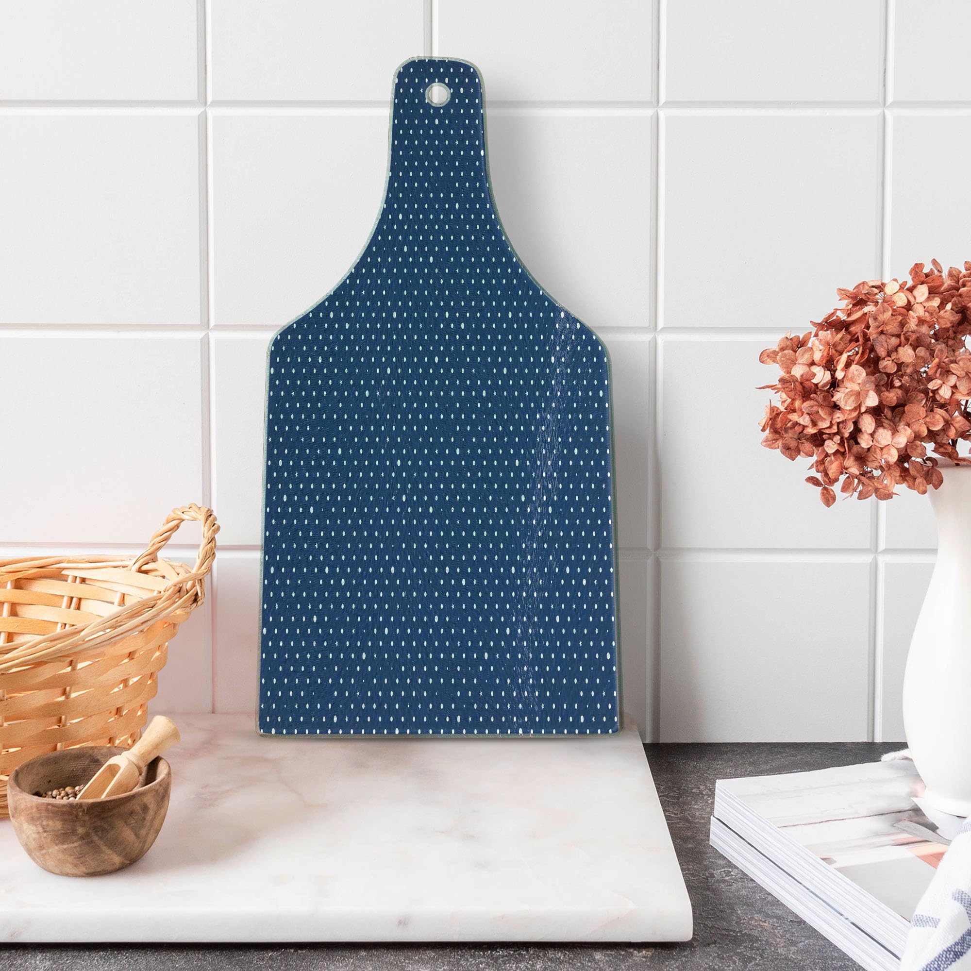 Ambesonne Navy Blue Polka Dot Star Pattern Tempered Glass Cutting Board - Retro Decorative Serving Board with Wine Bottle Shape - Perfect for Kitchen, Dining, and Party Entertaining