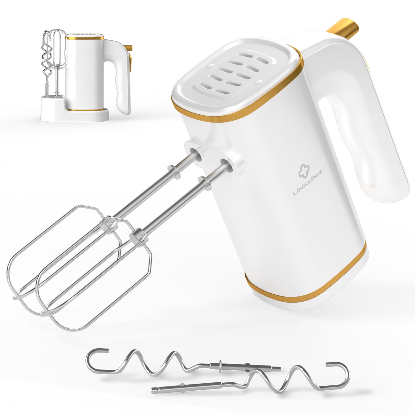 LINKChef 450W Electric Hand Mixer - 5-Speed Turbo Handheld Mixer with Whisk & Dough Hook, Storage Base - Perfect for Baking Cakes, Cookies, Brownies, Whipping Cream & Mixing Dough - Ideal for Home Bakers & Professional Kitchen Use