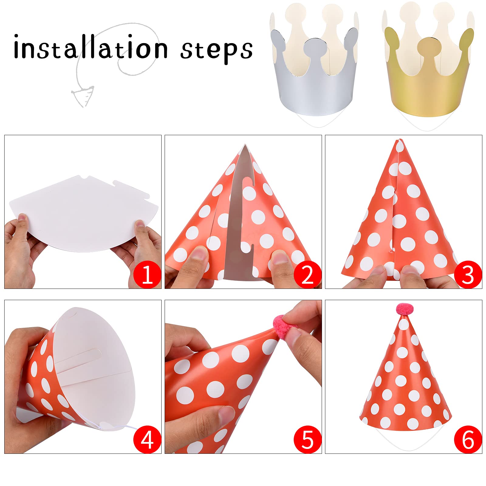 Chstarina 11-Piece Party Hat Set - Colorful Birthday Cone Hats with Pom Poms for Kids, Girls, Boys & Adults | Includes 9 Cone Hats + 2 Crowns | Perfect for Birthday Parties, Baby Showers & Festive Celebrations