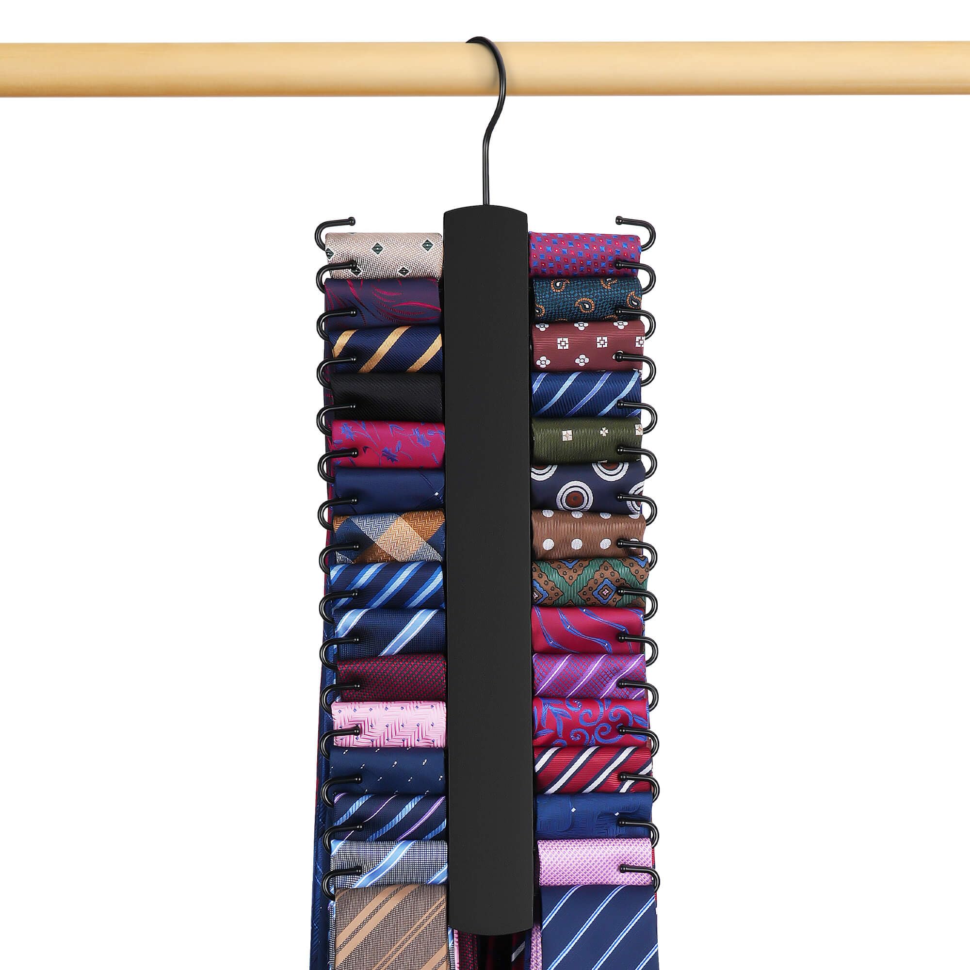 Upgraded Wooden Tie Rack Hanger with 30 Metal Hooks - Space Saving Necktie Organizer for Men's Closet - Large Capacity Sturdy Tie Holder for Office, Home & Travel - Black Closet Storage Organizer