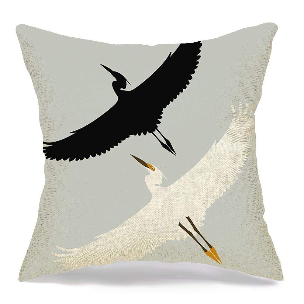 Elegant Egret & Heron Bird Design Linen Square Pillow Covers 18x18 Inches - Nature Inspired Home Decor for Living Room Sofa, Bedroom & Outdoor Patio Furniture