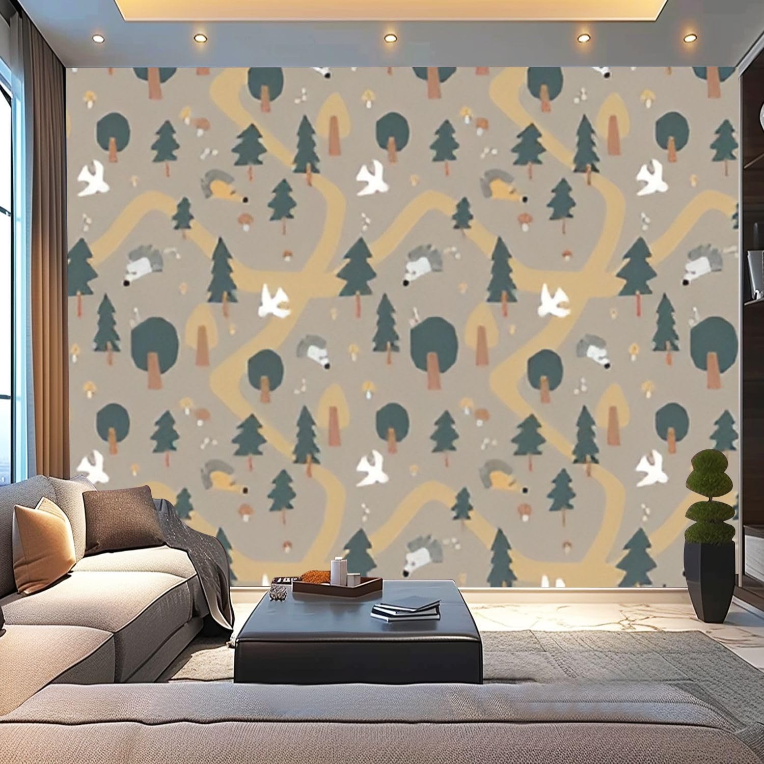 3D Modern Scandinavian Forest Animals Wall Mural - Peel and Stick Removable Self-Adhesive Wallpaper with Birds, Mushrooms & Hedgehogs for Living Room, Kids Bedroom Decor - Nursery, Playroom, Dorm Wall Stickers