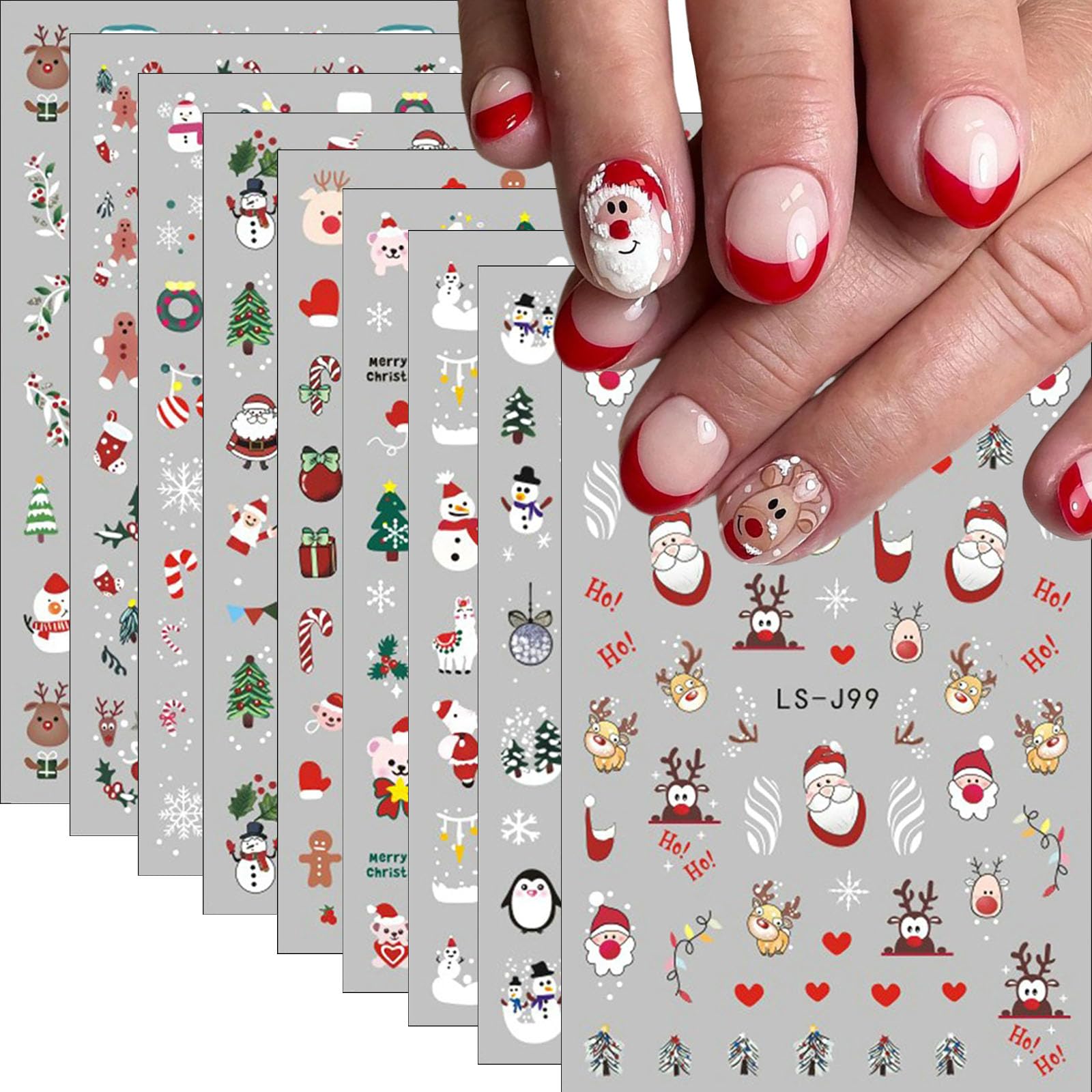 Christmas Nail Stickers 9 Sheets - Winter Holiday Nail Art Decals with Santa, Christmas Tree & Gingerbread Man - Self-Adhesive DIY Nail Decorations for Parties, Gifts & Festive Manicures