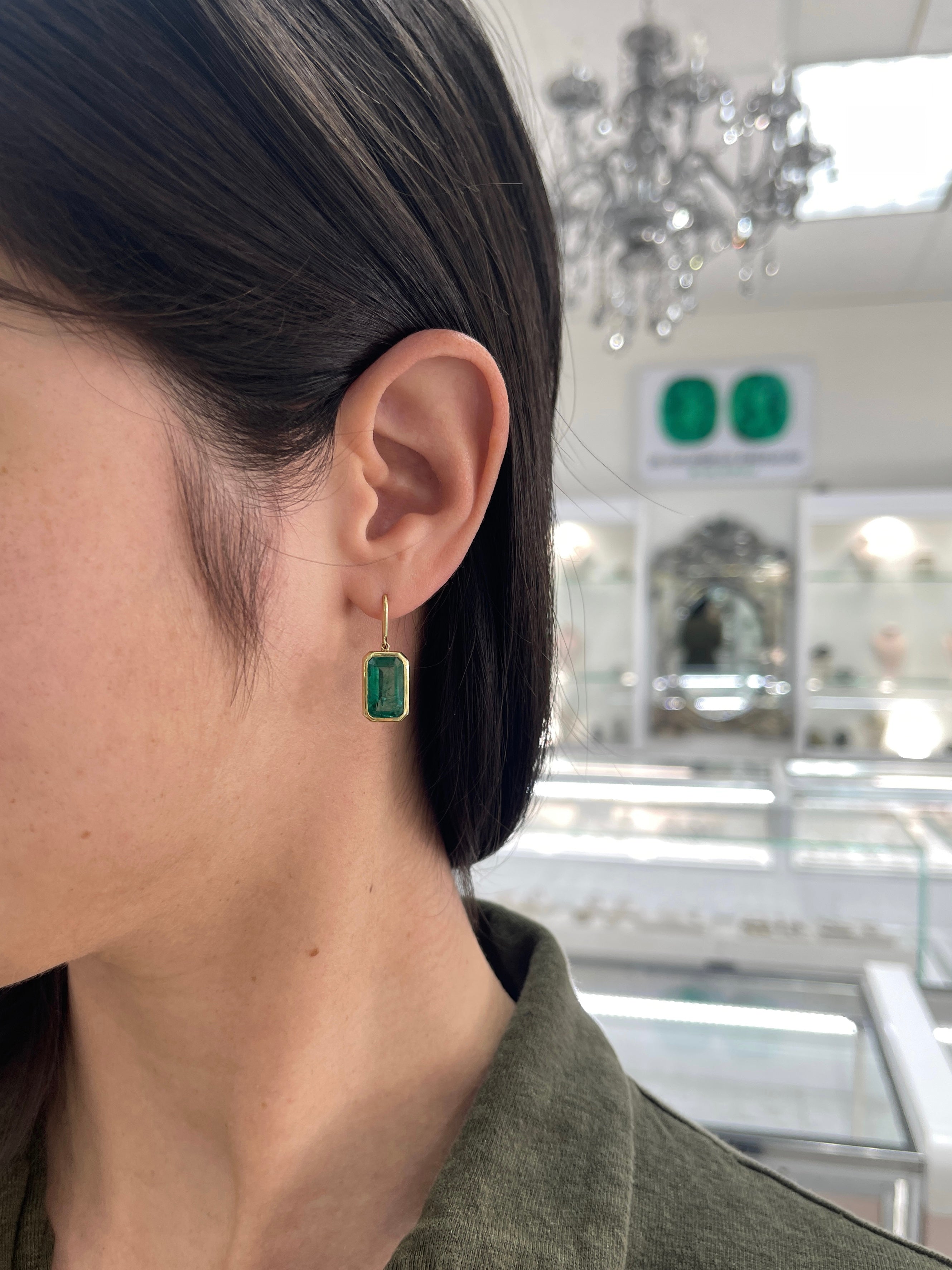 7.90tcw Deep Green Natural Emerald Bezel Set Drop & Dangle Hook Earrings in 18K Gold - Elegant Jewelry for Weddings, Parties & Special Occasions