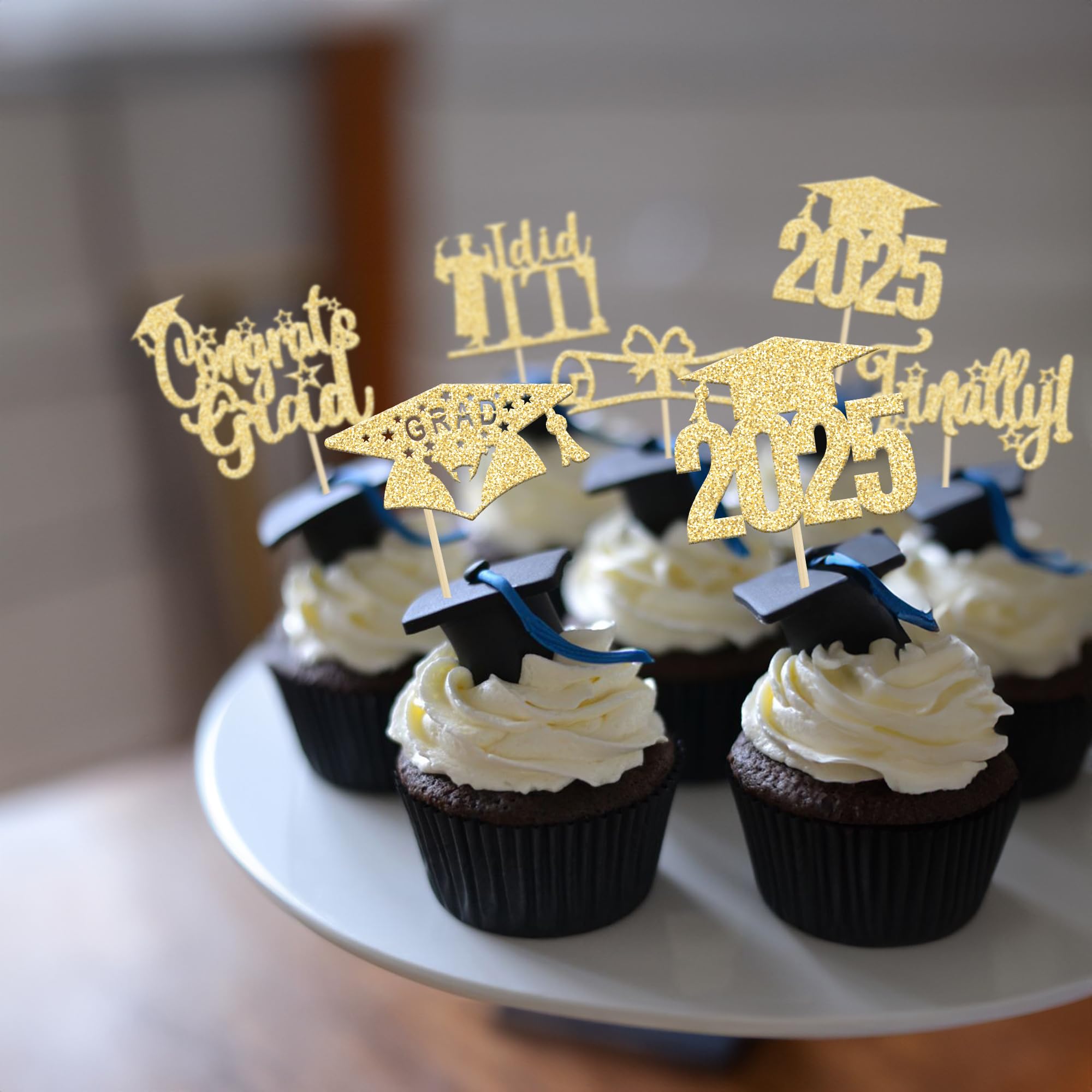 24 Pack 2025 Graduation Cupcake Toppers - Gold Glitter 