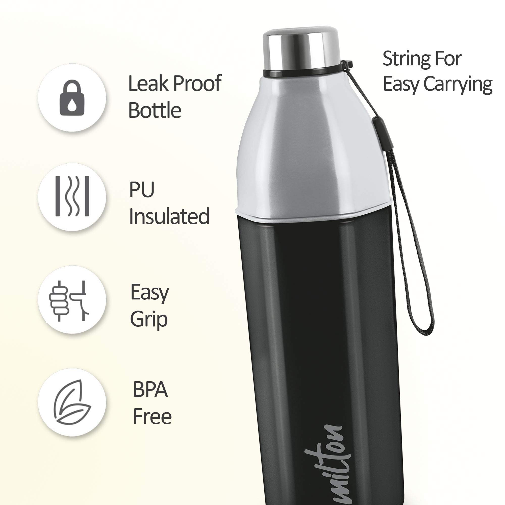 Milton Kool Hexone 1200 PU Insulated Water Bottle - 1.12L Leak Proof & BPA Free Stainless Steel Thermos - Perfect for Gym, Hiking, Office & Travel Accessories - Keeps Drinks Hot/Cold for Hours (Black)
