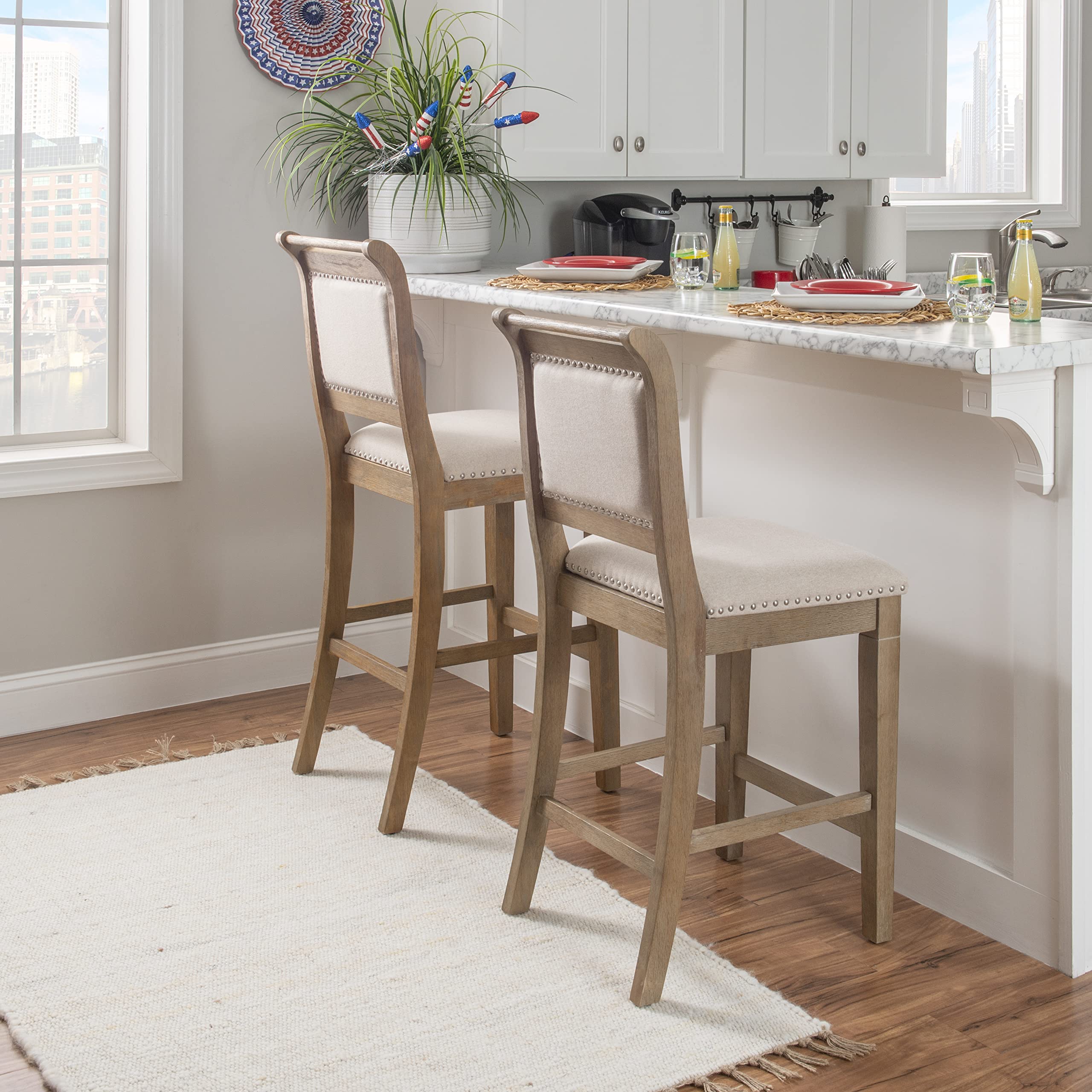 Linon Newton Natural Wood Counter Stool - Grey Wash Finish for Kitchen Island & Bar Seating - Rustic Home Decor & Dining Furniture
