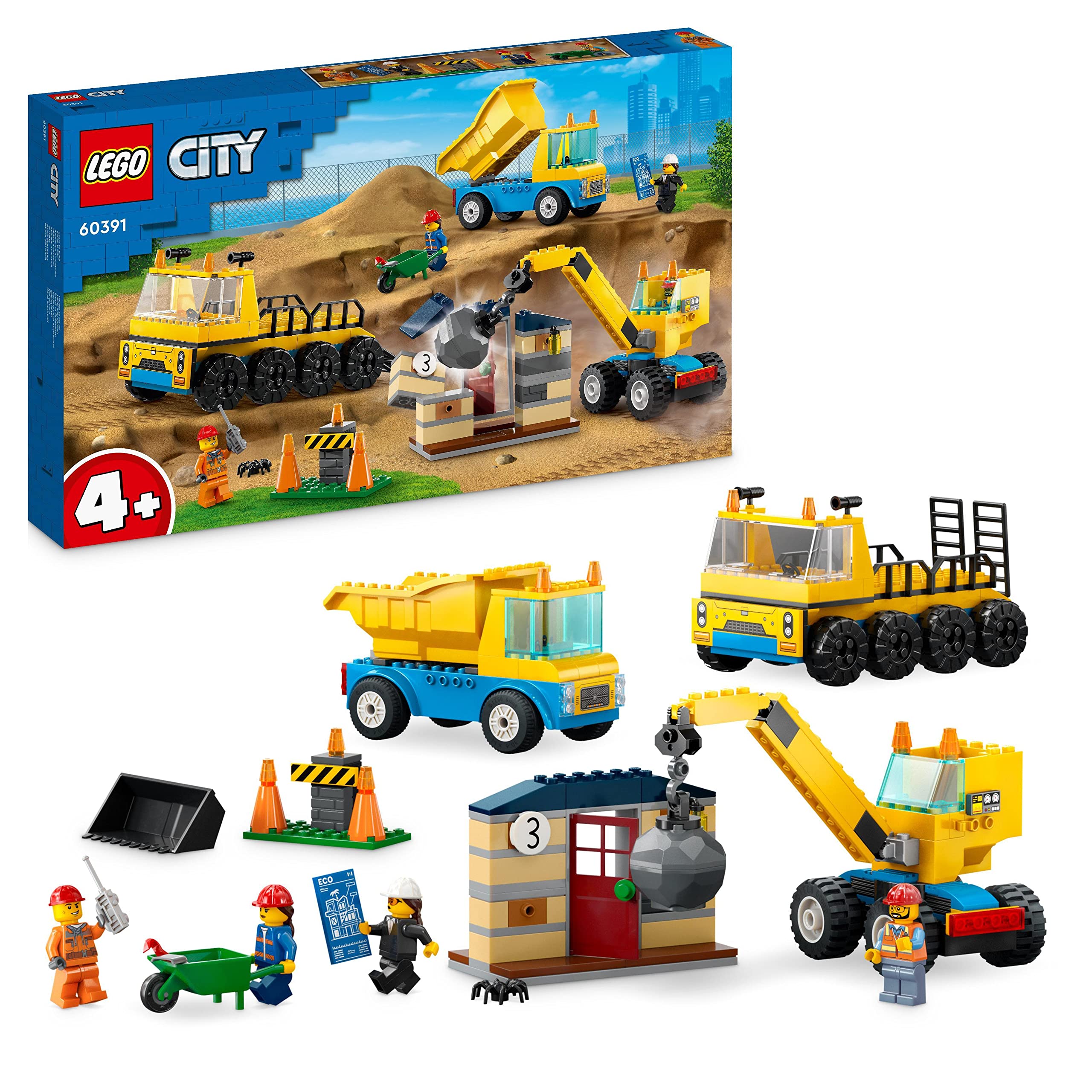 LEGO 60391 City Construction Trucks & Demolition Ball Crane Toy Set with Excavator, Dump Truck & Transport Vehicle - Educational Building Blocks for Kids Ages 4+ - Perfect for Creative Play & STEM Learning at Home or School