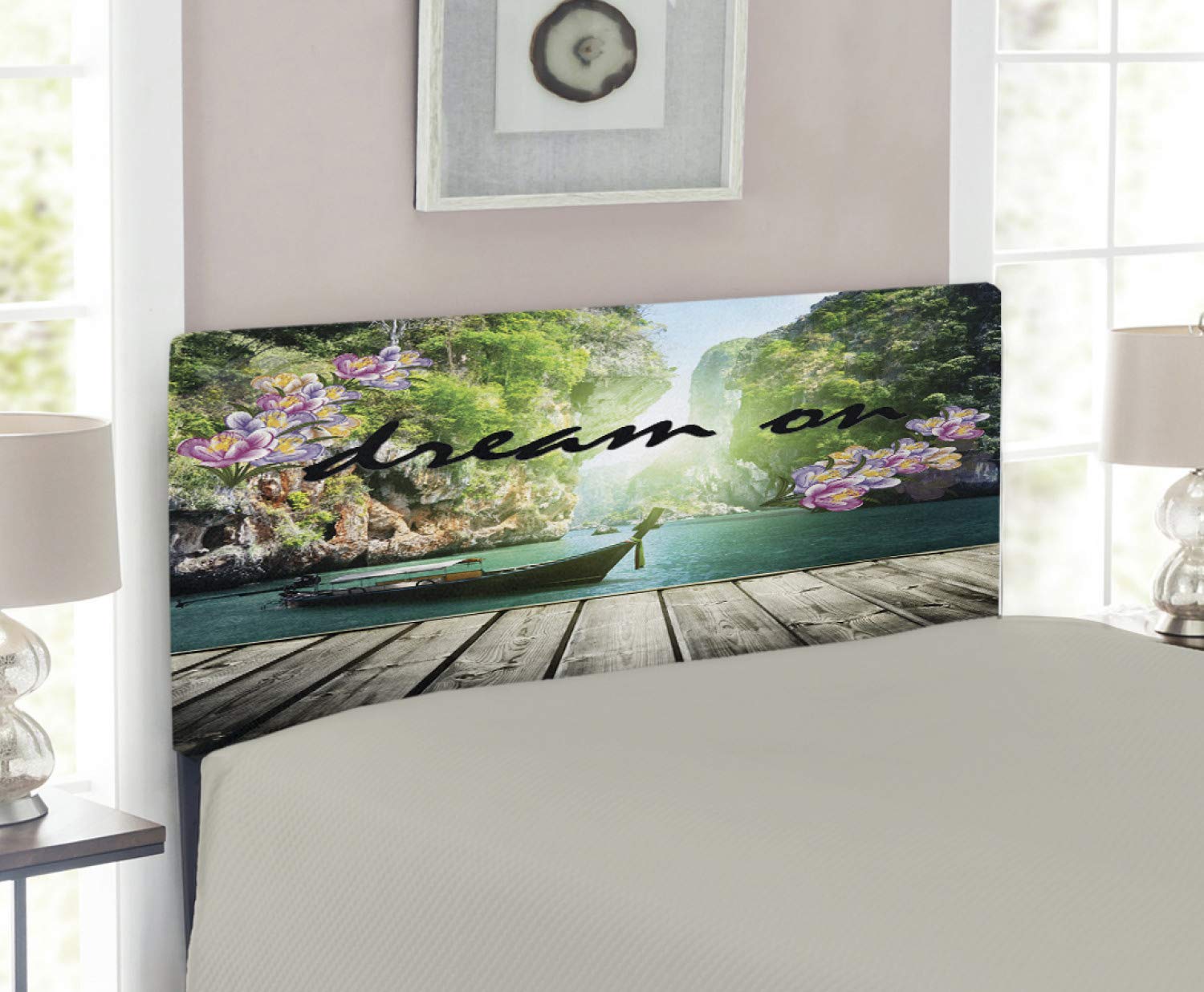 Ambesonne Floral Dream Headboard - Upholstered Decorative Metal Bed Headboard with Memory Foam, Twin Size, Multicolor Nature Landscape Design - Perfect for Bedroom Decor & Coastal Themed Interiors