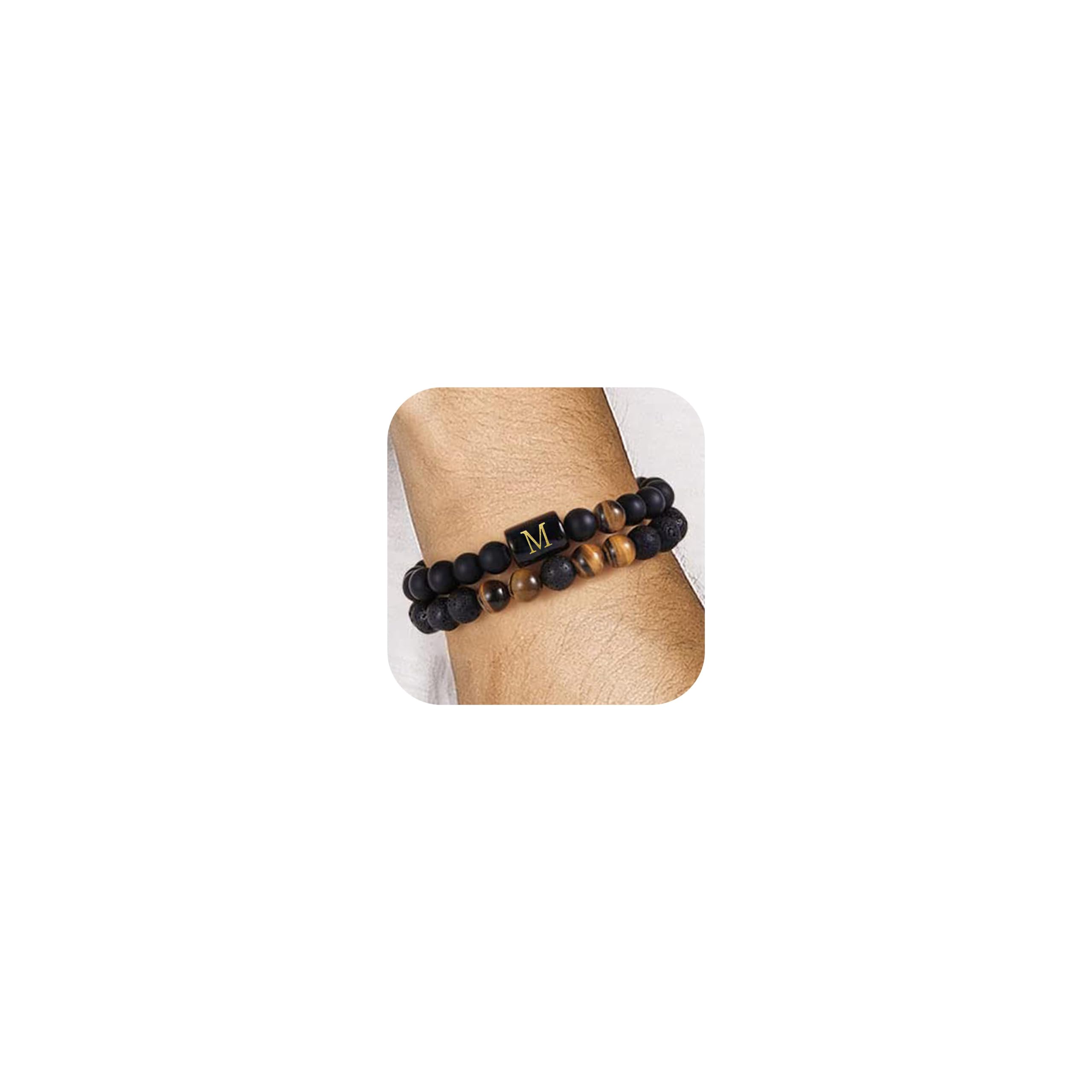 Yooblue Initial Bracelets for Men - Lava Rock Stone Anxiety Relief Bracelet with Adjustable Black Matte Agate & Tiger Eye Beads - Stress Relief Gifts for Him - Perfect for Meditation, Yoga, and Everyday Wear