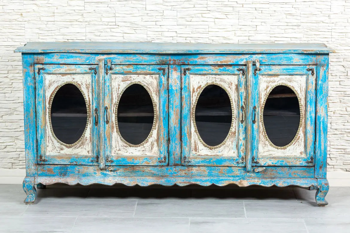 French Arched Solid Wood Mirror Doors Sideboard in Blue - 20