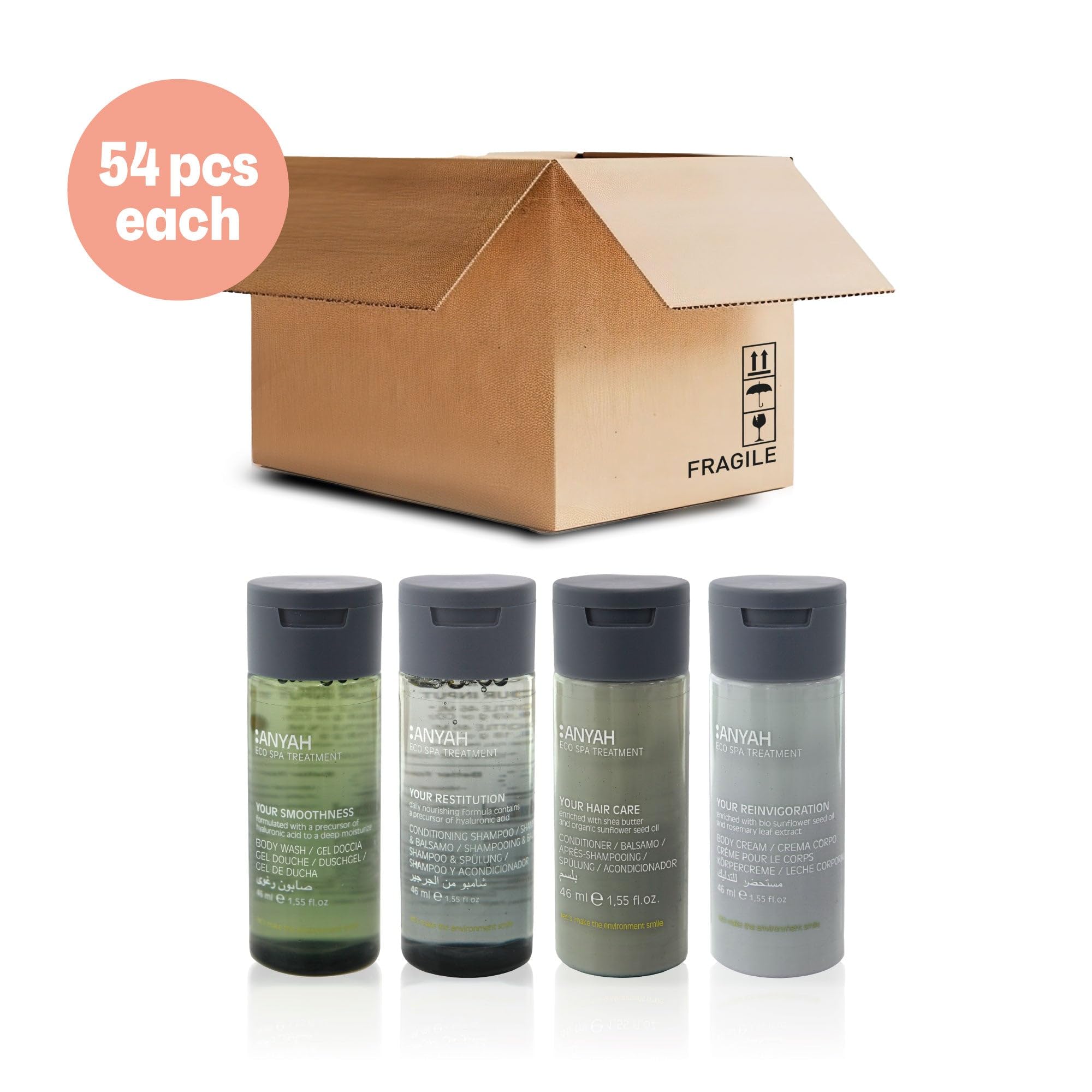 Anyah Mini-Sizes 54-Piece Travel Kit with Body Wash, Shampoo, Conditioner & Body Lotion (1.55 fl.oz Each) - Eco-Friendly Toiletries for Hotels, Gyms, Camping & Airplane Travel - TSA Approved Bath Essentials