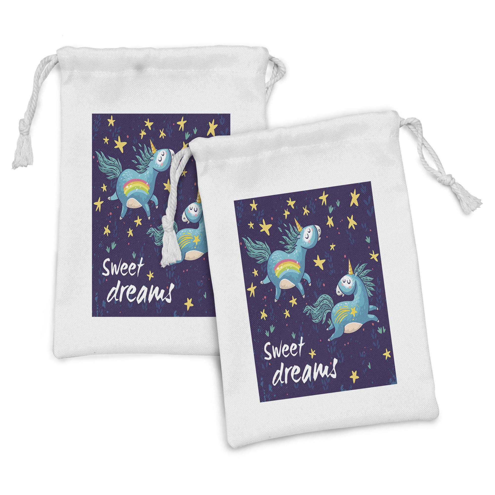 Ambesonne 2-Pack Fabric Drawstring Pouch Set - Unicorn Flying in Night Sky Fantasy Design, Small Storage Bag for Toiletries, Makeup, Jewelry & Travel Essentials (9