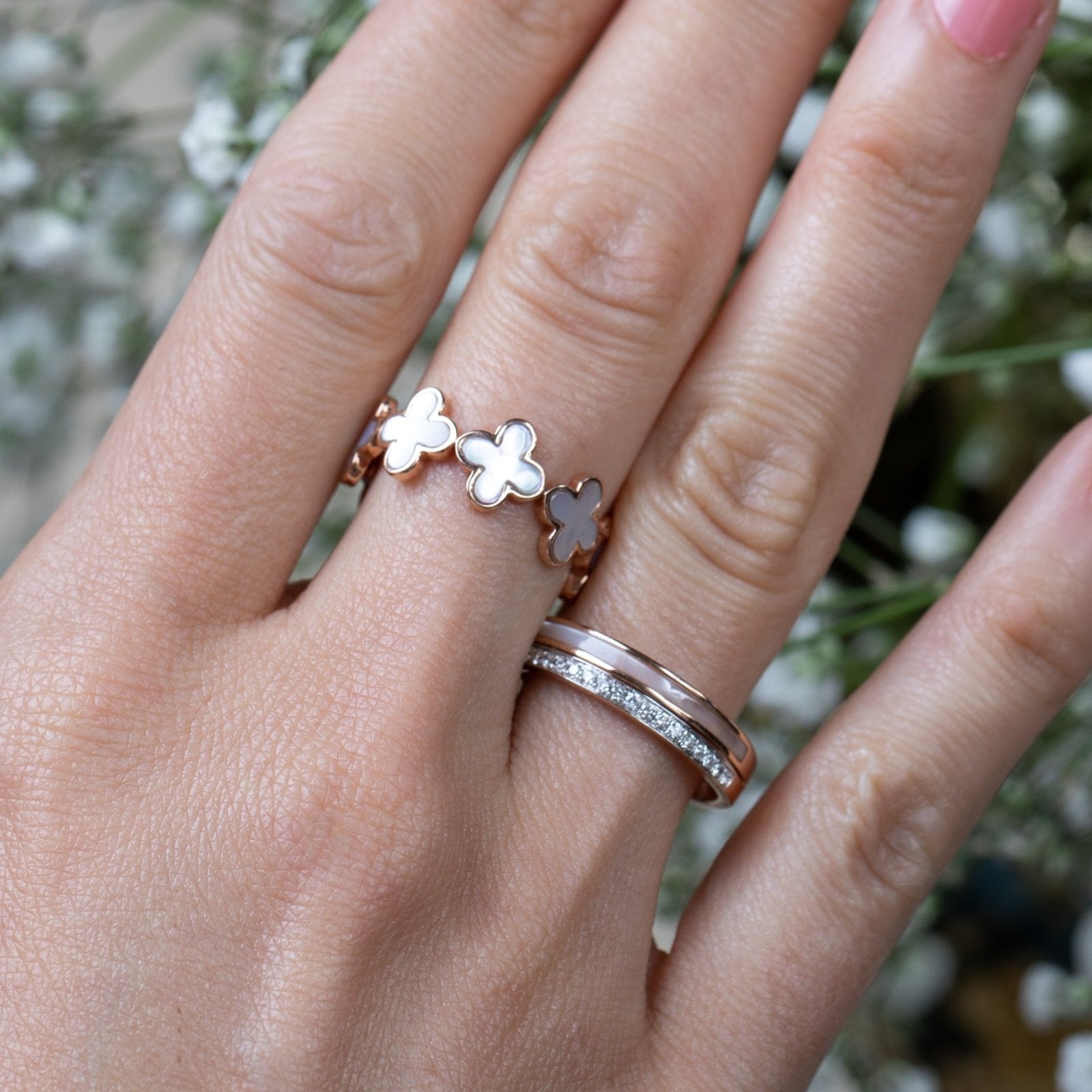14k Rose Gold Mother of Pearl Clover Eternity Ring - Elegant Four Leaf Clover Jewelry for Women - Perfect for Anniversaries, Weddings & Special Occasions