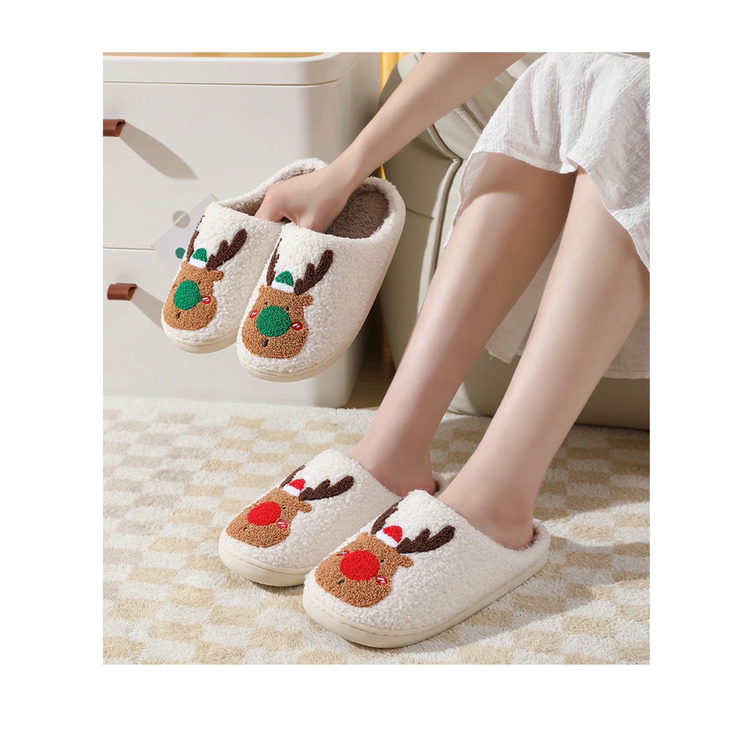 FLOOF Rudolph Christmas Slippers for Women - Cozy Red Plush Holiday House Shoes with Antlers - Perfect for Xmas Gifts, Winter Home & Party Wear
