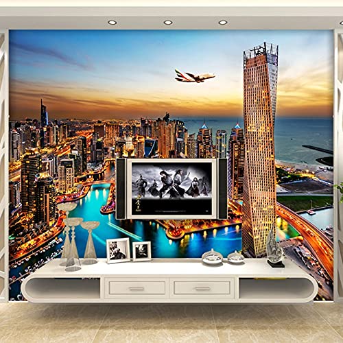 Custom Dubai City Night View 3D Mural Wallpaper - 450x300cm Self-Adhesive Wall Decal for Living Room, Bedroom & TV Background | Home Decor, Office, Commercial Space