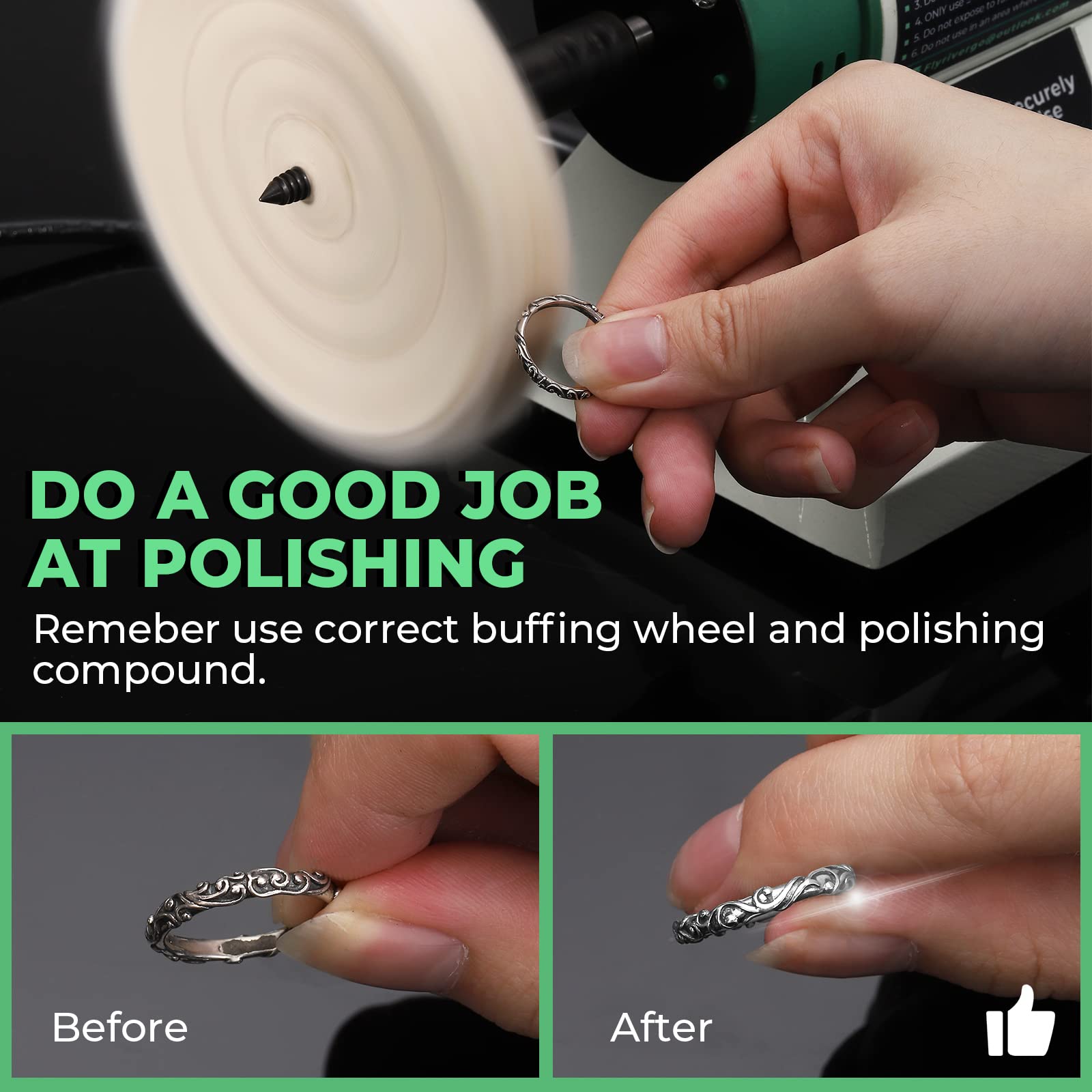 Variable Speed Bench Buffer & Jewelry Polisher - Adjustable RPM with 2 Cotton Wheels, 2 Fiber Wheels, Drill Chuck & Polishing Kit - Perfect for Metal Polishing, Jewelry Making & DIY Crafts