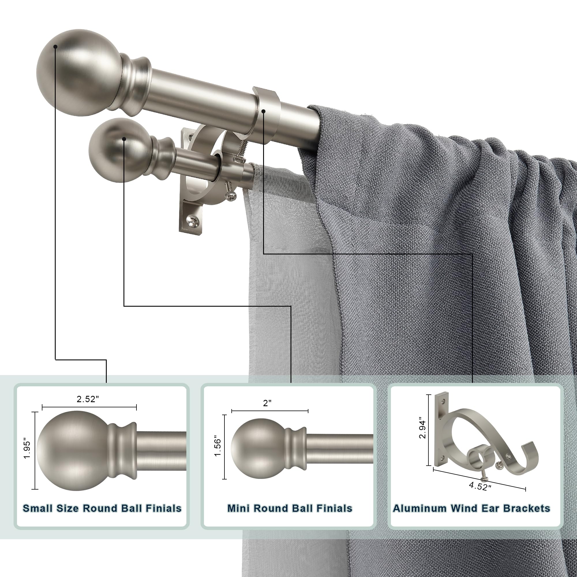 Brushed Nickel Double Curtain Rods 36-72 Inch Adjustable - 1