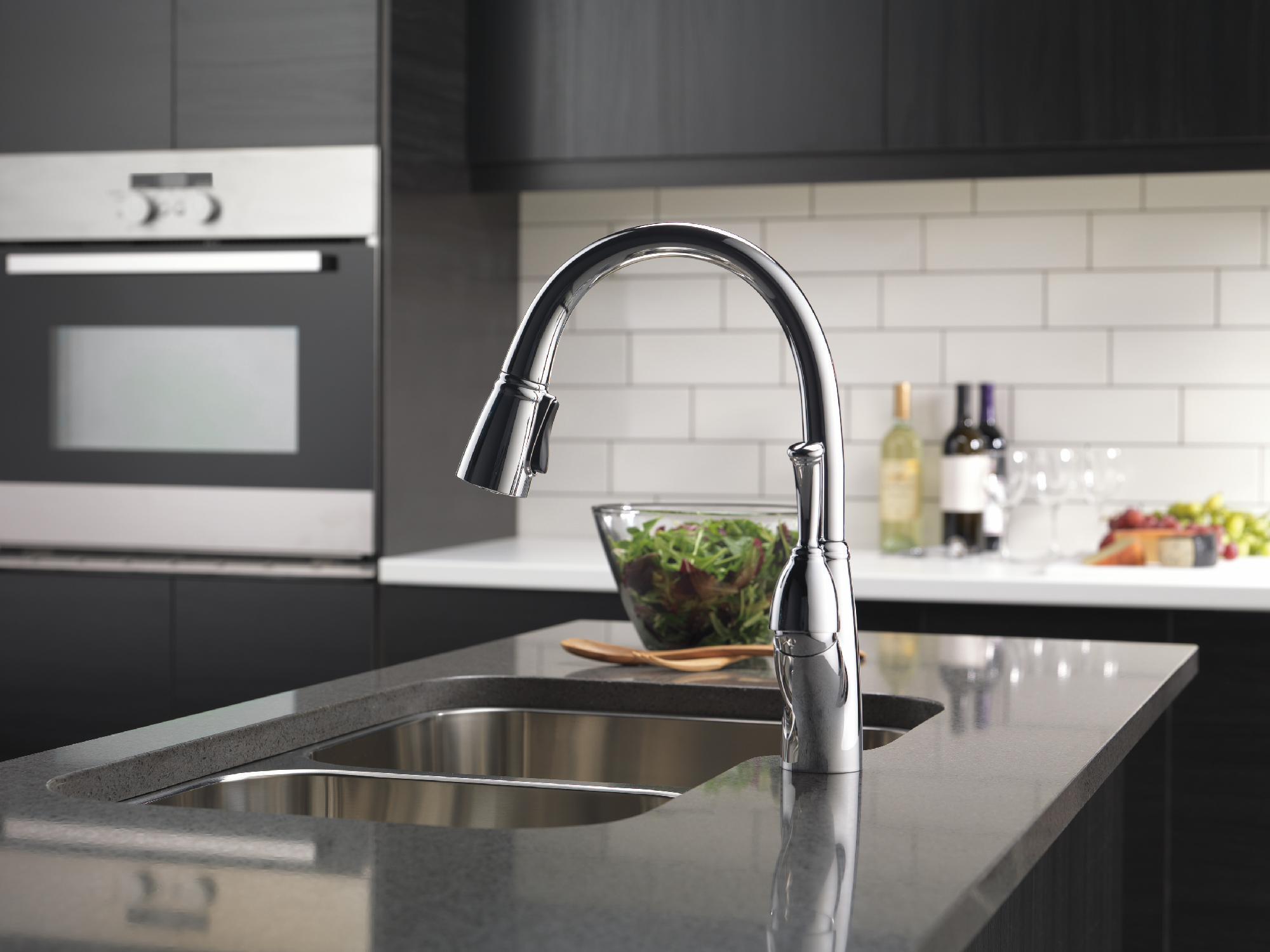 Allora Chrome 989 DST Delta Pull-Down Kitchen Faucet with Sprayer - Modern High-Arc Design for Easy Dishwashing & Food Prep