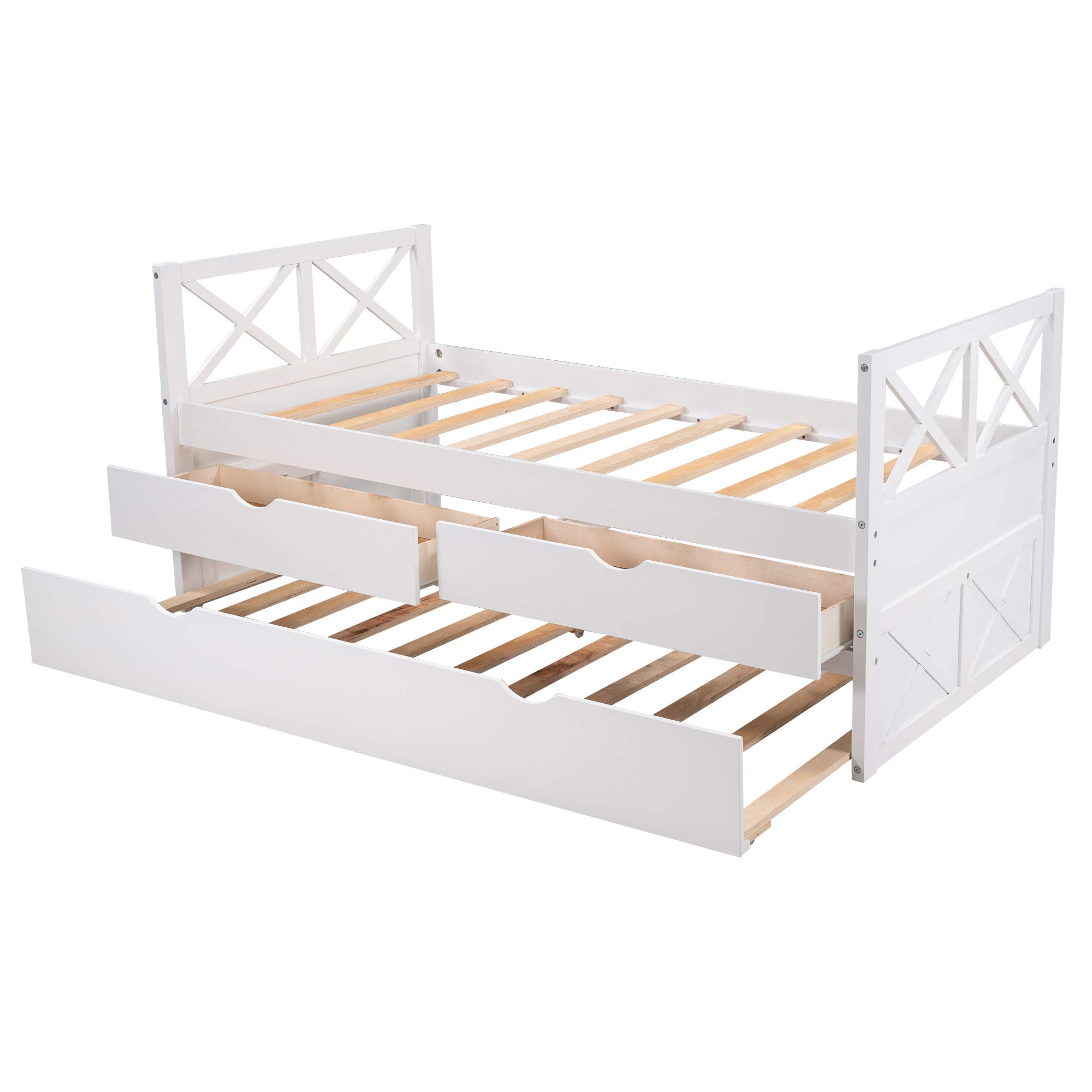 Modern Twin Size Daybed with 2 Drawers & Trundle - Solid Wood Platform Storage Bed Frame with Slat Support - No Box Spring Needed - Perfect for Kids, Teens & Adults (White+2) - Ideal for Guest Rooms, Dorm Rooms & Small Spaces