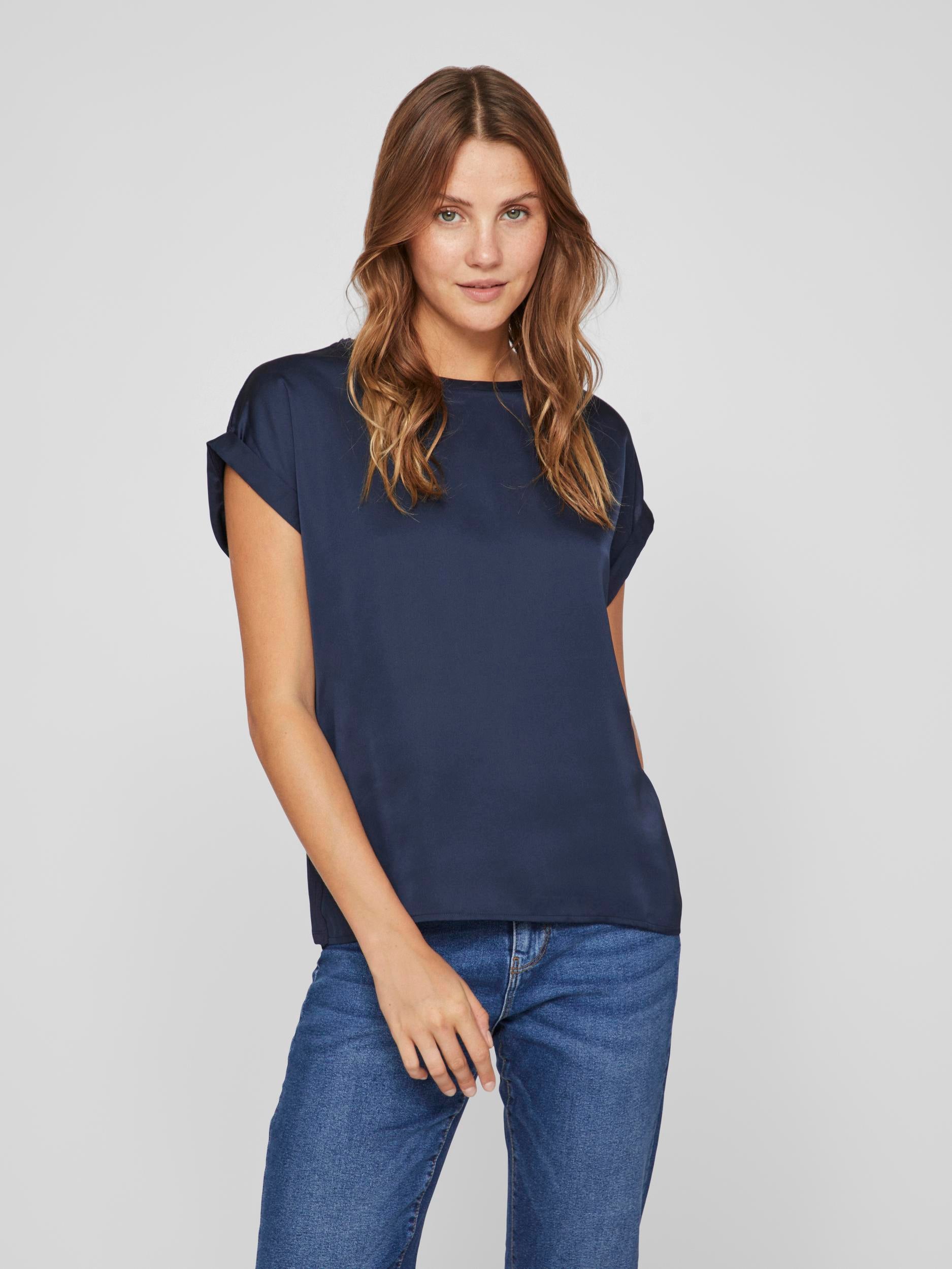 Elegant Elle Satin Blouse - Navy Blue Women's Dress Shirt for Work & Formal Occasions | Perfect for Office, Business Meetings & Evening Events