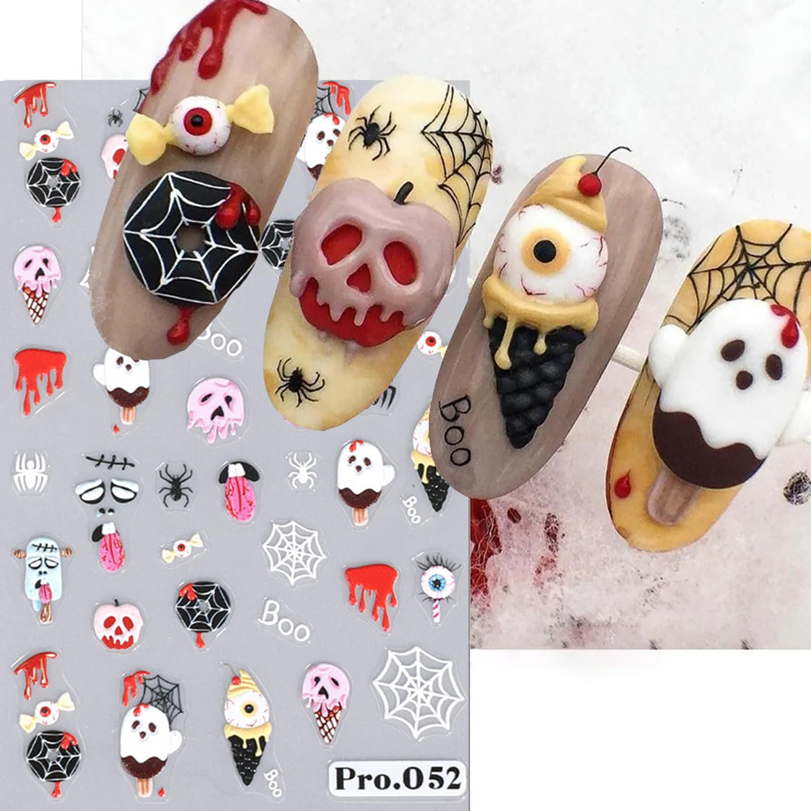 3D Halloween Nail Stickers - 5D Embossed Nail Decals with Pumpkin, Spider Web, Skulls & Eyeballs Designs - Self-Adhesive Nail Art Supplies for DIY Manicure - Perfect for Women, Girls Halloween Parties & Costume Makeup