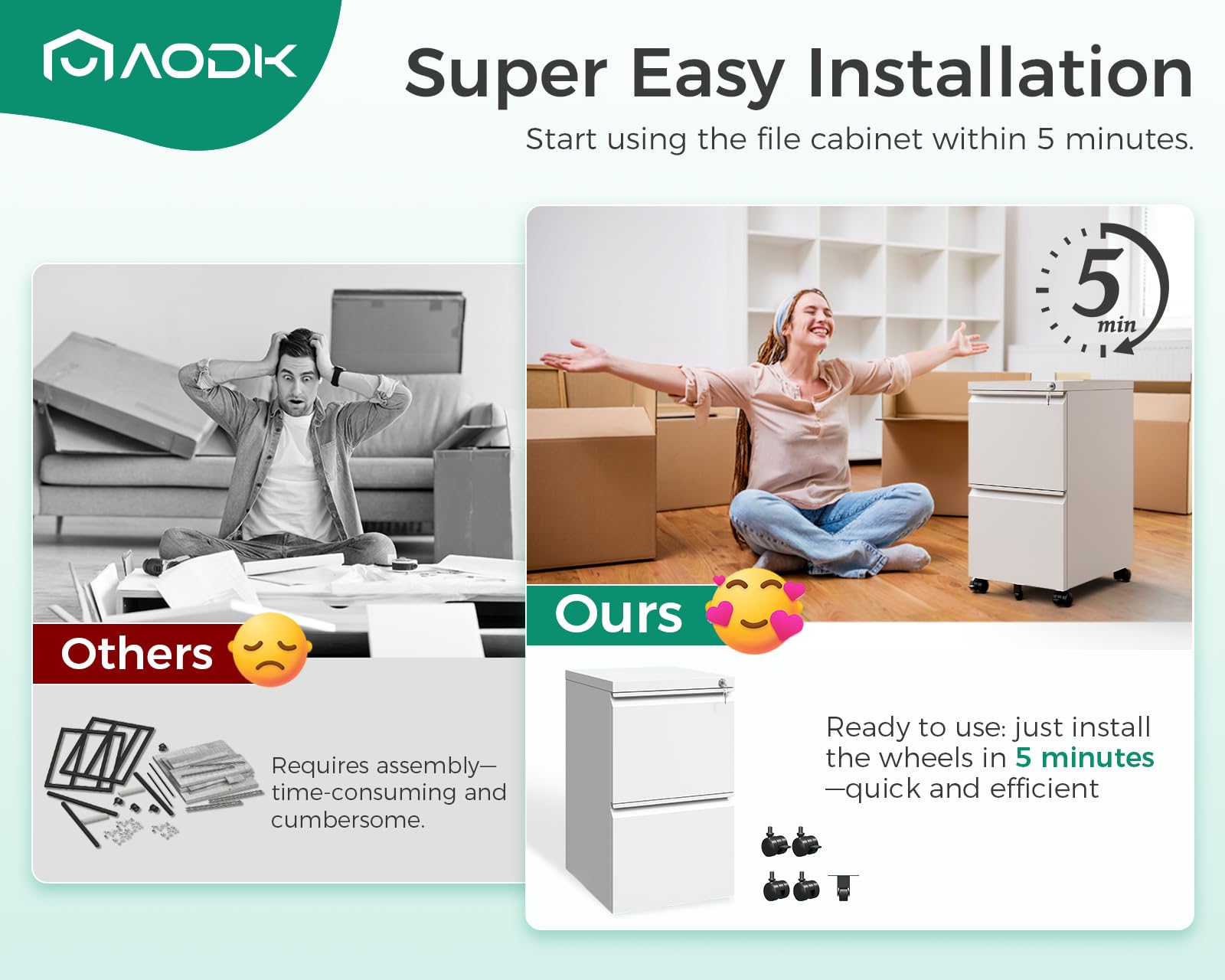 AODK 2-Drawer Rolling File Cabinet with Lock - Fully Assembled Mobile Storage for A4, Legal & Letter Files - White - Perfect for Home Office, Small Business & Workspace Organization