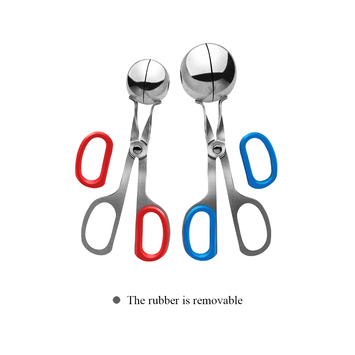 2-Pack Non-Stick Meatball Maker Tongs with Detachable Anti-Slip Handles - Stainless Steel Meatball Scoop Tool with Red & Blue Rubber Grips for Easy Homemade Meatballs, Meatball Soup & Italian Cooking