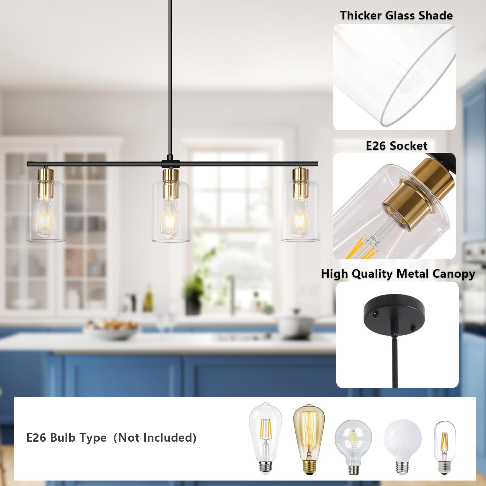 3-Light Farmhouse Chandelier - Black & Gold Linear Kitchen Island Lighting with Glass Shades | Modern Industrial Pendant Light for Dining Room & Breakfast Nook
