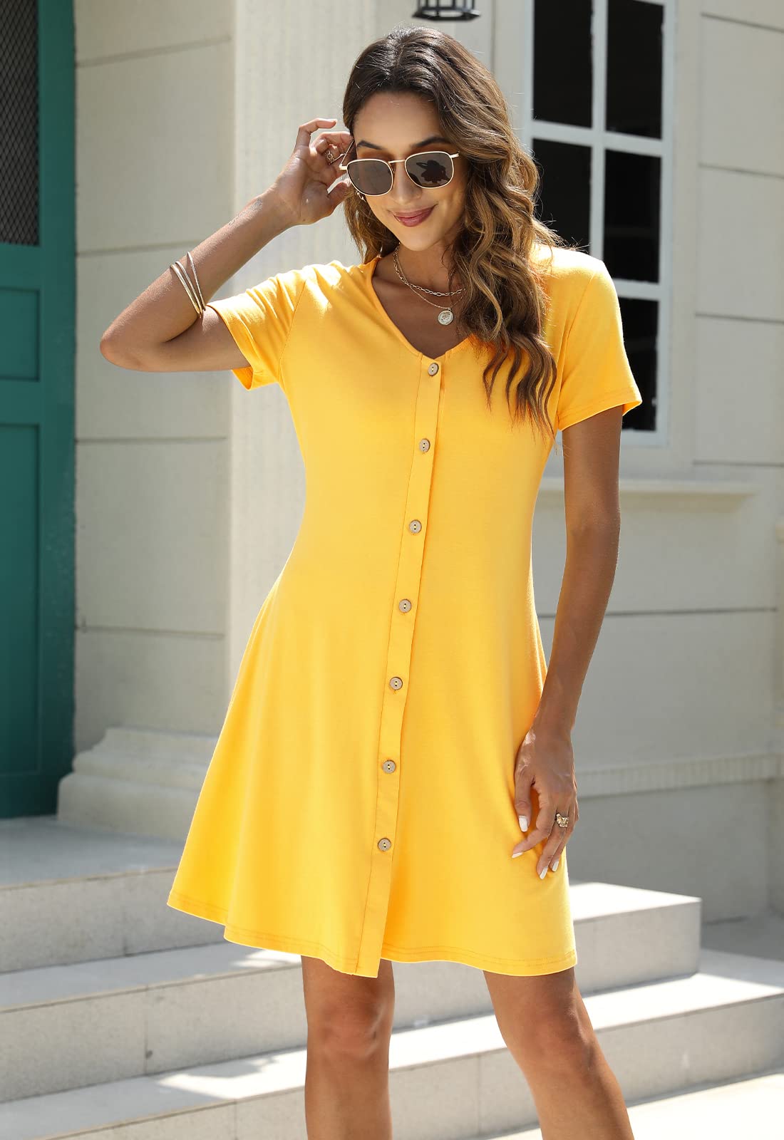 Manydress Women's Summer Casual T-Shirt Dress - Short Sleeve Button Down Swing Dress with Pockets MY035 | Perfect for Beach Outings, Picnics & Casual Wear