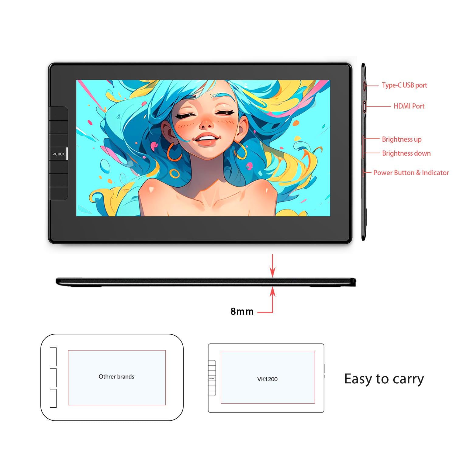 VEIKK VK1200 11.6 Inch Drawing Tablet with Screen - Full-Laminated Graphic Monitor, 8192 Pressure Levels, 6 Shortcut Keys, Battery-Free Stylus - Compatible with PC/Mac/Linux/Windows (120% sRGB) - Perfect for Digital Art, Animation, Photo Editing & Online Teaching