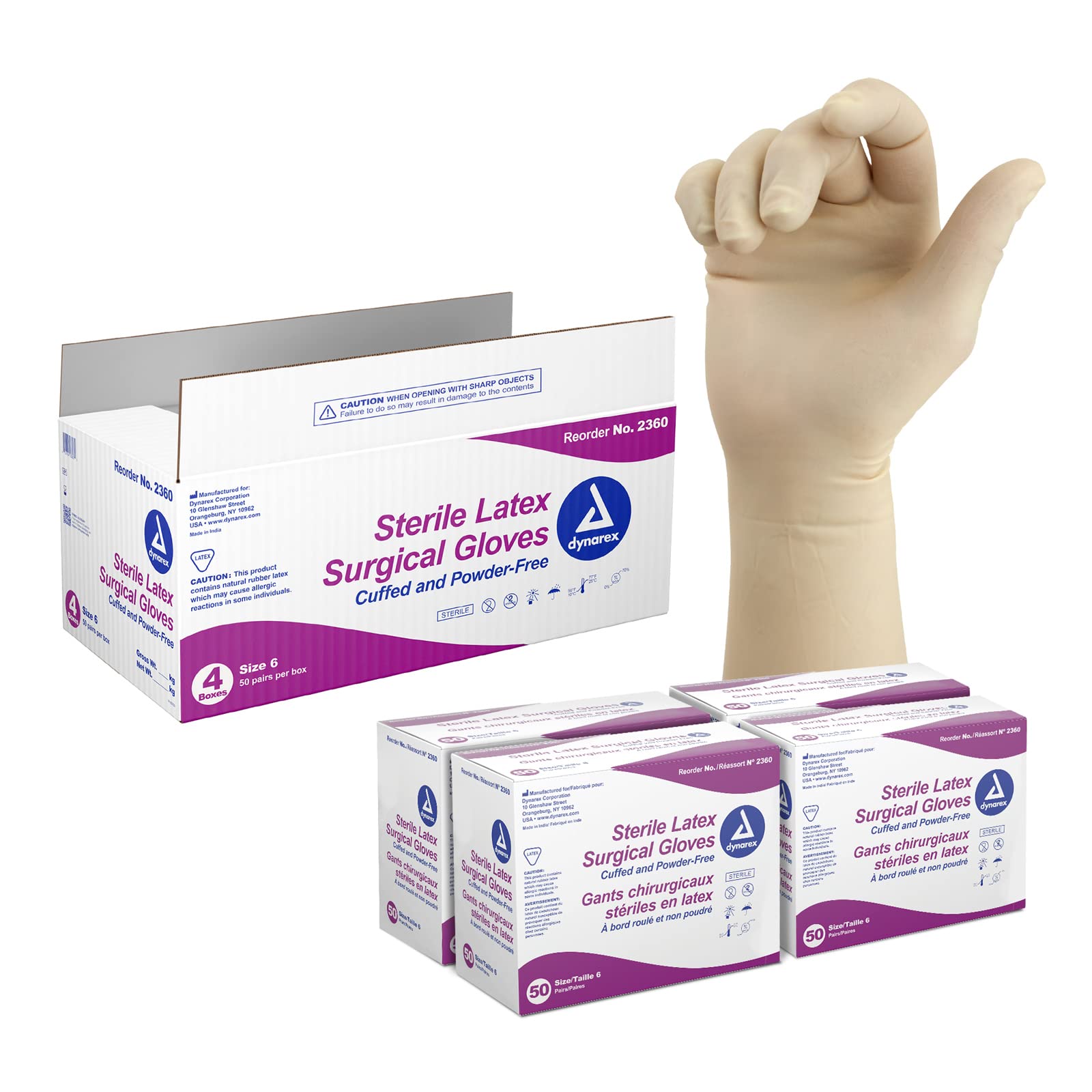 Dynarex Sterile Powder-Free Latex Surgical Gloves | Disposable Medical Exam Gloves | Size 6 (200 Pairs/Case) | Ideal for Healthcare, Dental, Tattoo & Food Service Professionals