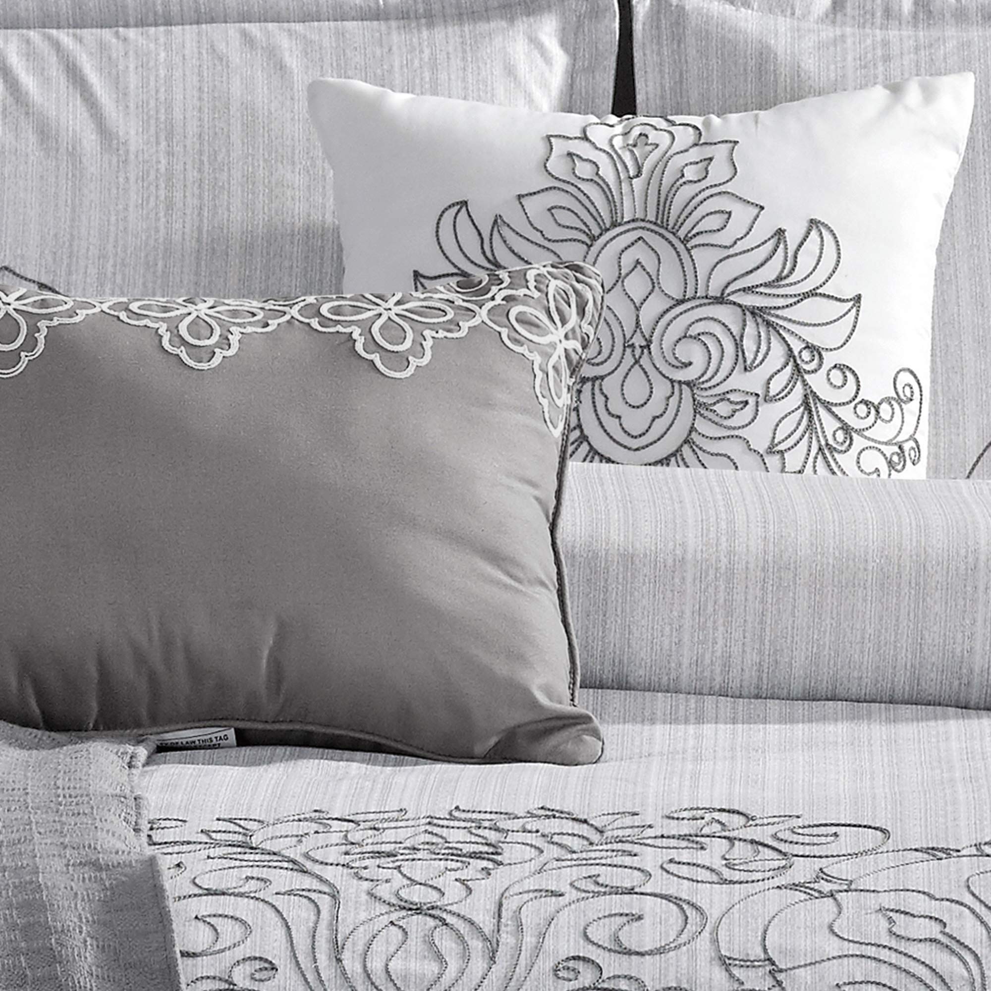 Luxury 8-Piece Linen Comforter Set Full/Queen - Modern Light Gray Damask Pattern with Shams, Cushions & Throw | Bed in a Bag | Soft & Breathable for All-Season Comfort | Perfect for Master Bedroom, Guest Room, or Airbnb Styling