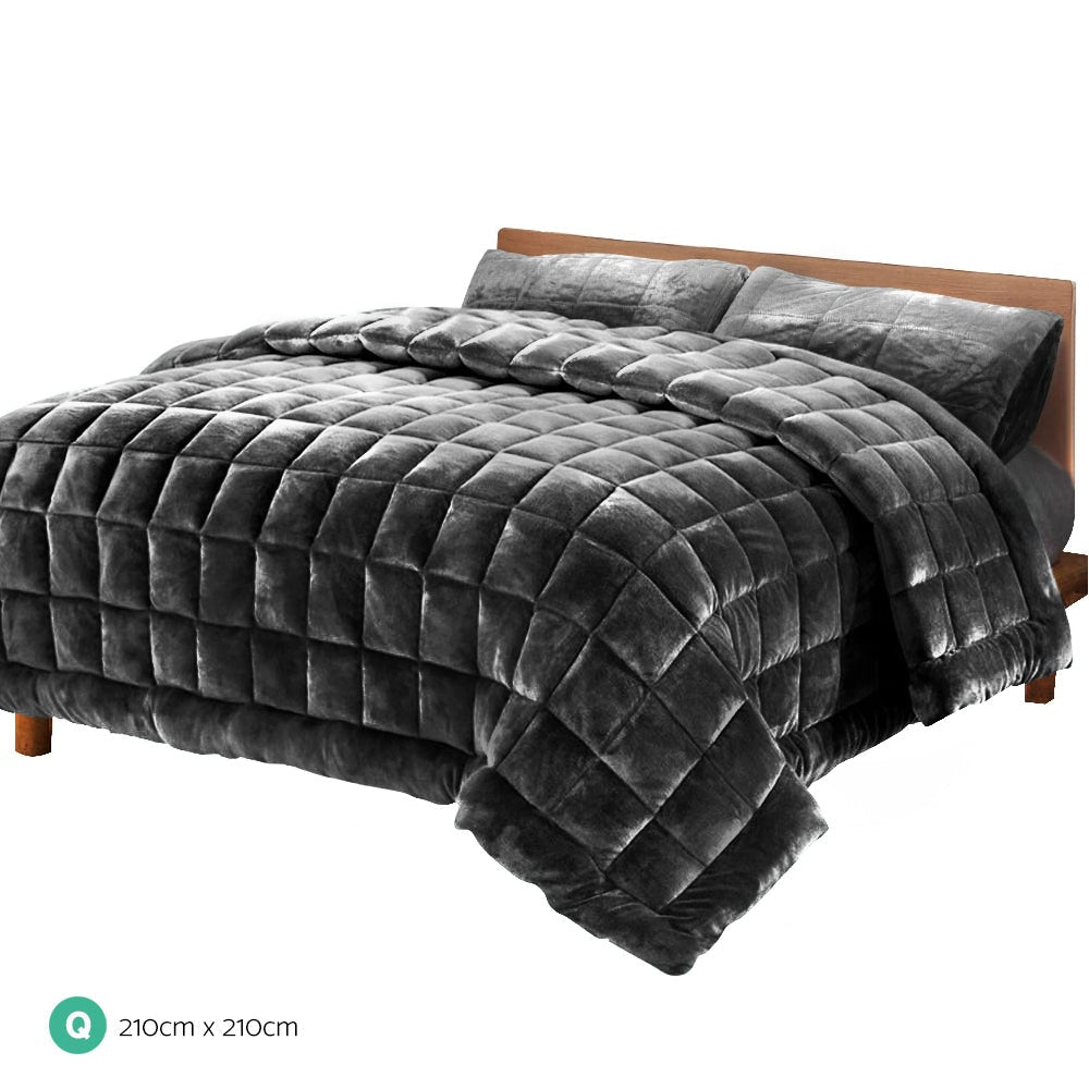 Luxury Faux Mink Quilted Comforter Set - Queen Size Charcoal Gray Bedding - Soft & Warm Throw Blanket for Bedroom, Couch, and Guest Room