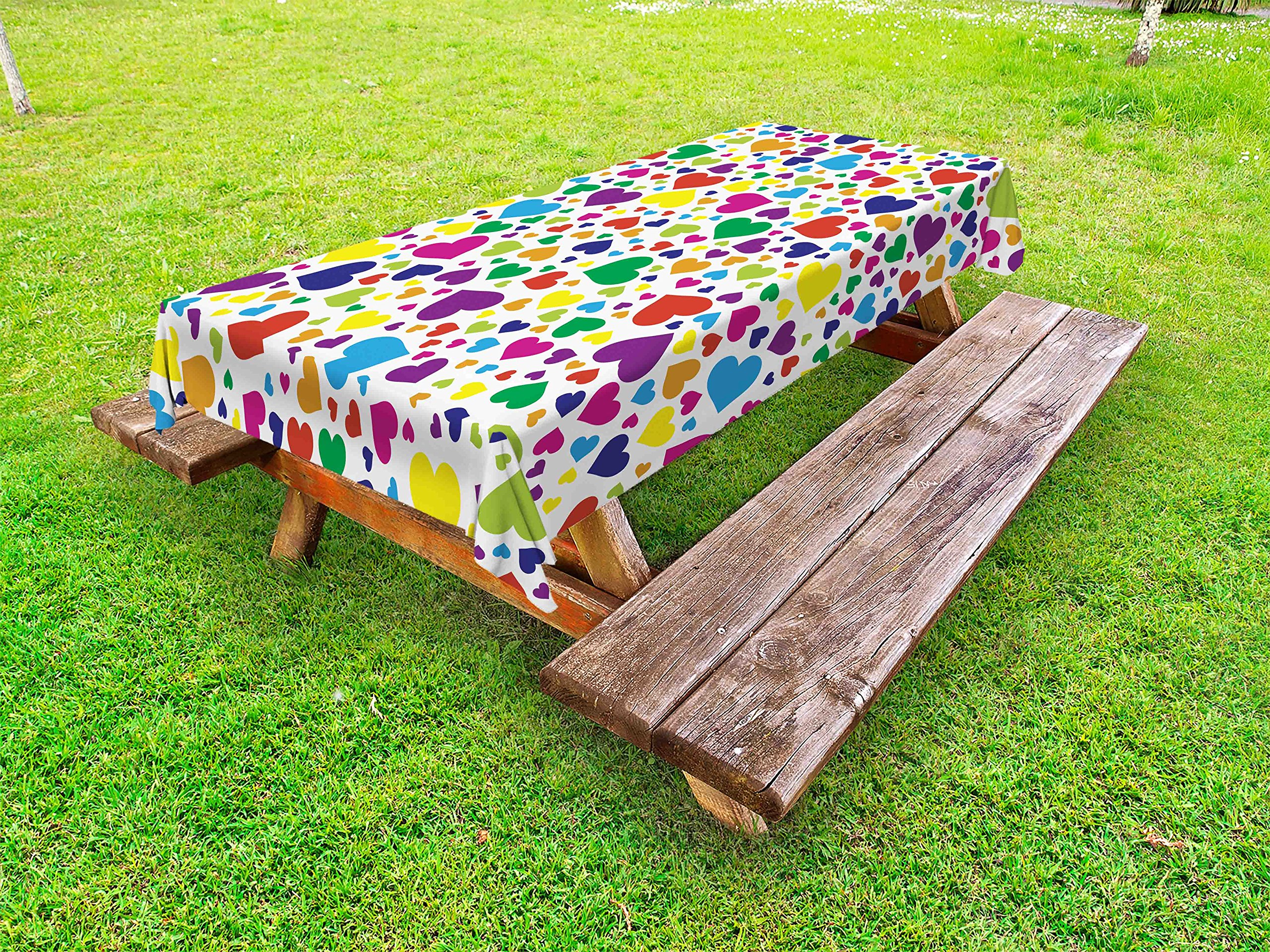 Ambesonne Love Themed Outdoor Tablecloth - Vibrant Rainbow Hearts Print, Washable Picnic Table Cover 58x120 Inches - Perfect for Romantic Dates, Honeymoon Decor & Outdoor Gatherings