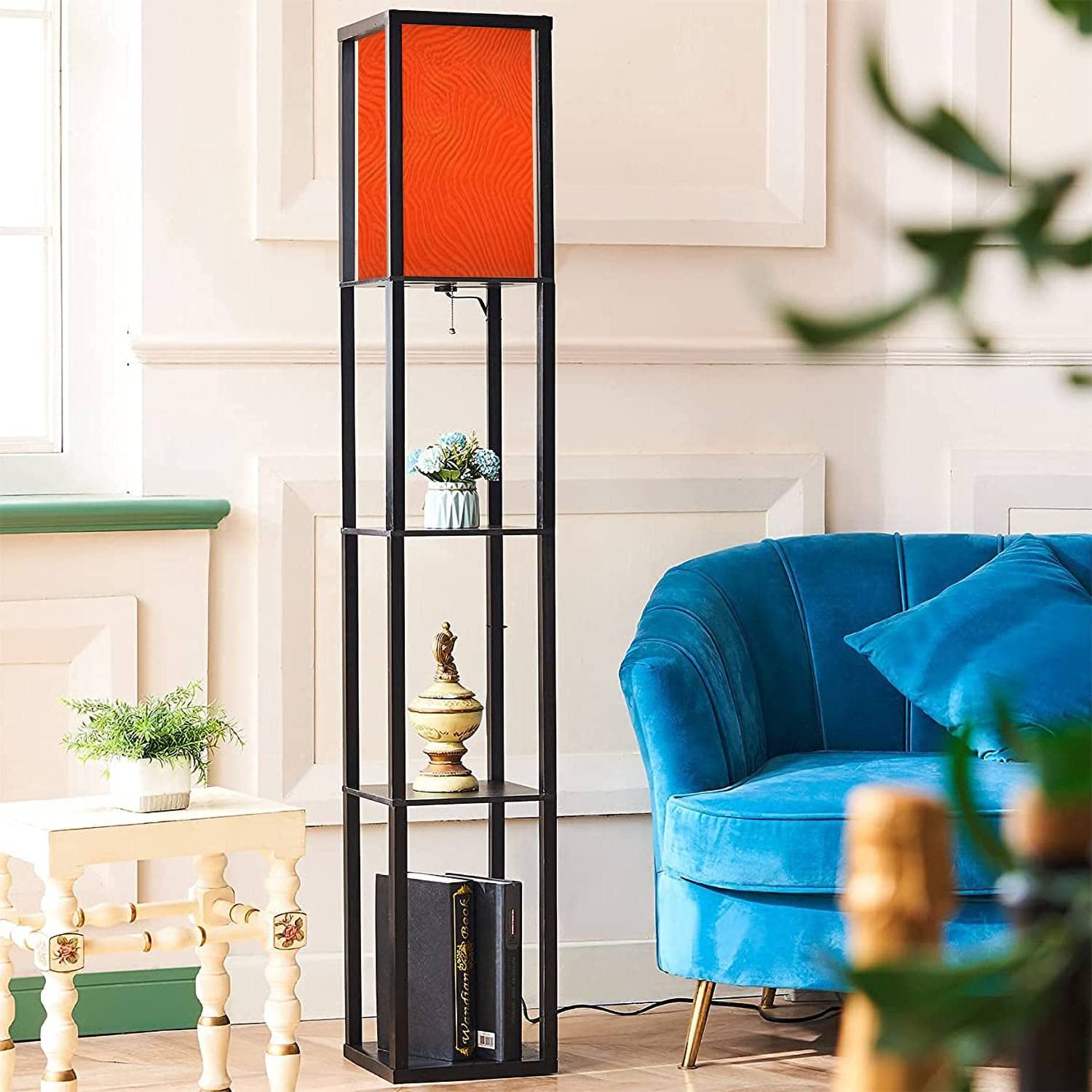 Modern LED Floor Lamp with Shelves & Linen Shade - Tall Corner Standing Lamp for Living Room, Bedroom, or Office - Stylish Lighting for Home Decor, Reading Nook & Cozy Ambiance