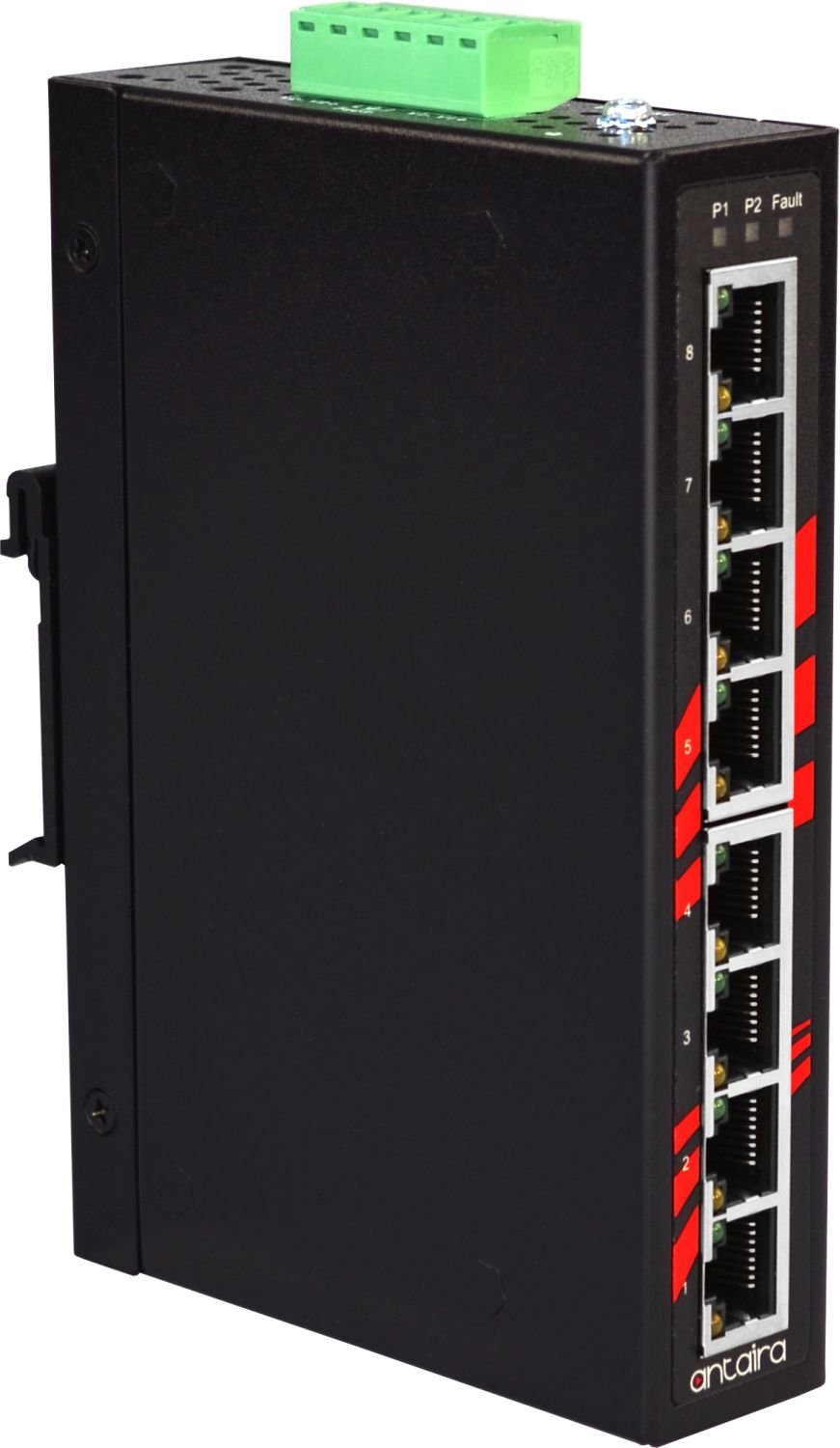 **Antaira LNX-800A-T 8-Port Industrial Ethernet Switch | DIN Rail Mount | -40°C to 75°C | 12-48VDC Redundant Power | Fast Unmanaged Network Switch for Harsh Environments**    **Usage Scenarios:** Ideal for factory automation, transportation systems, and outdoor networking in extreme temperatures.