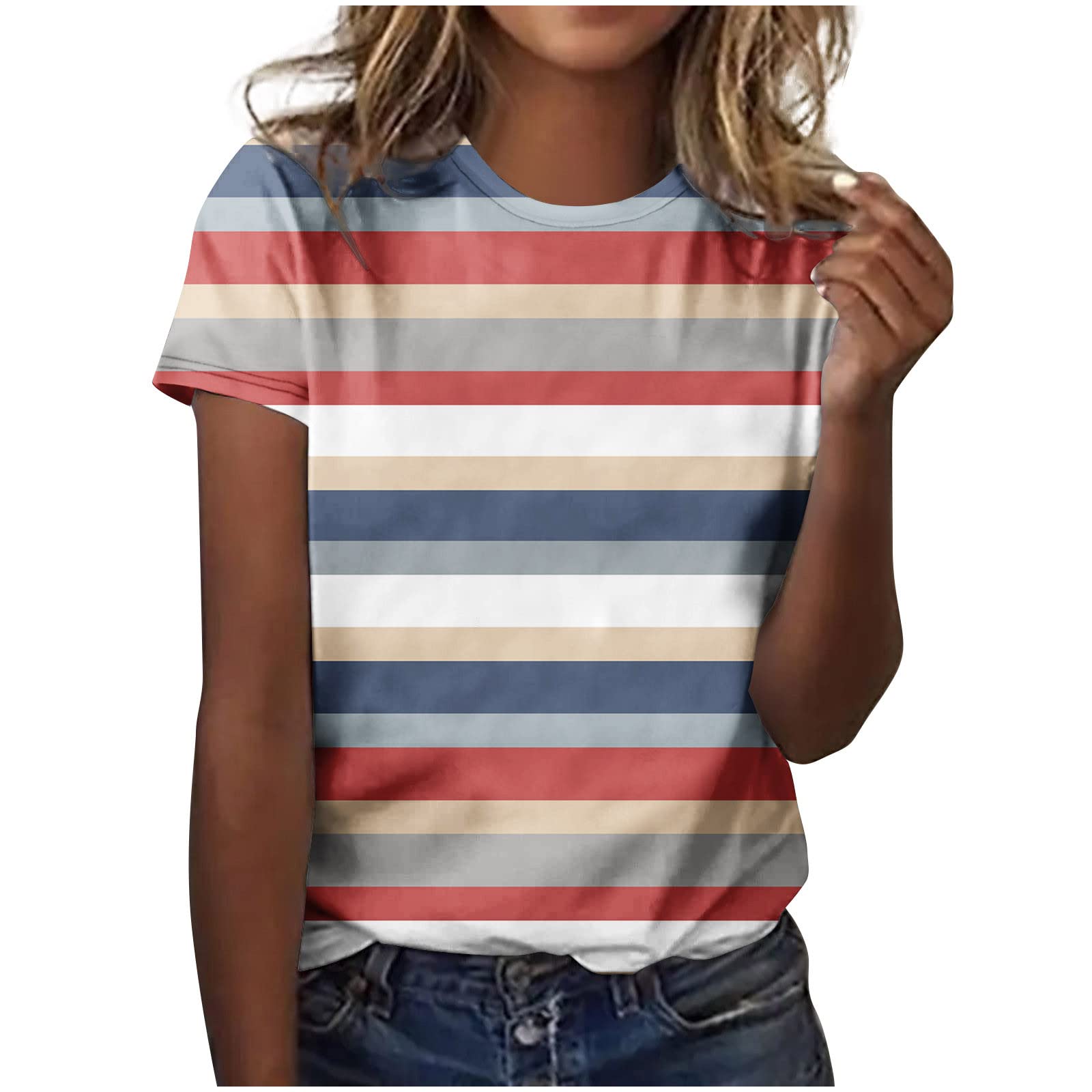 Women's Summer Patchwork Round Neck Loose Short Sleeve Casual T-Shirt | Vacation Tunic Top for Beach, Travel & Everyday Wear