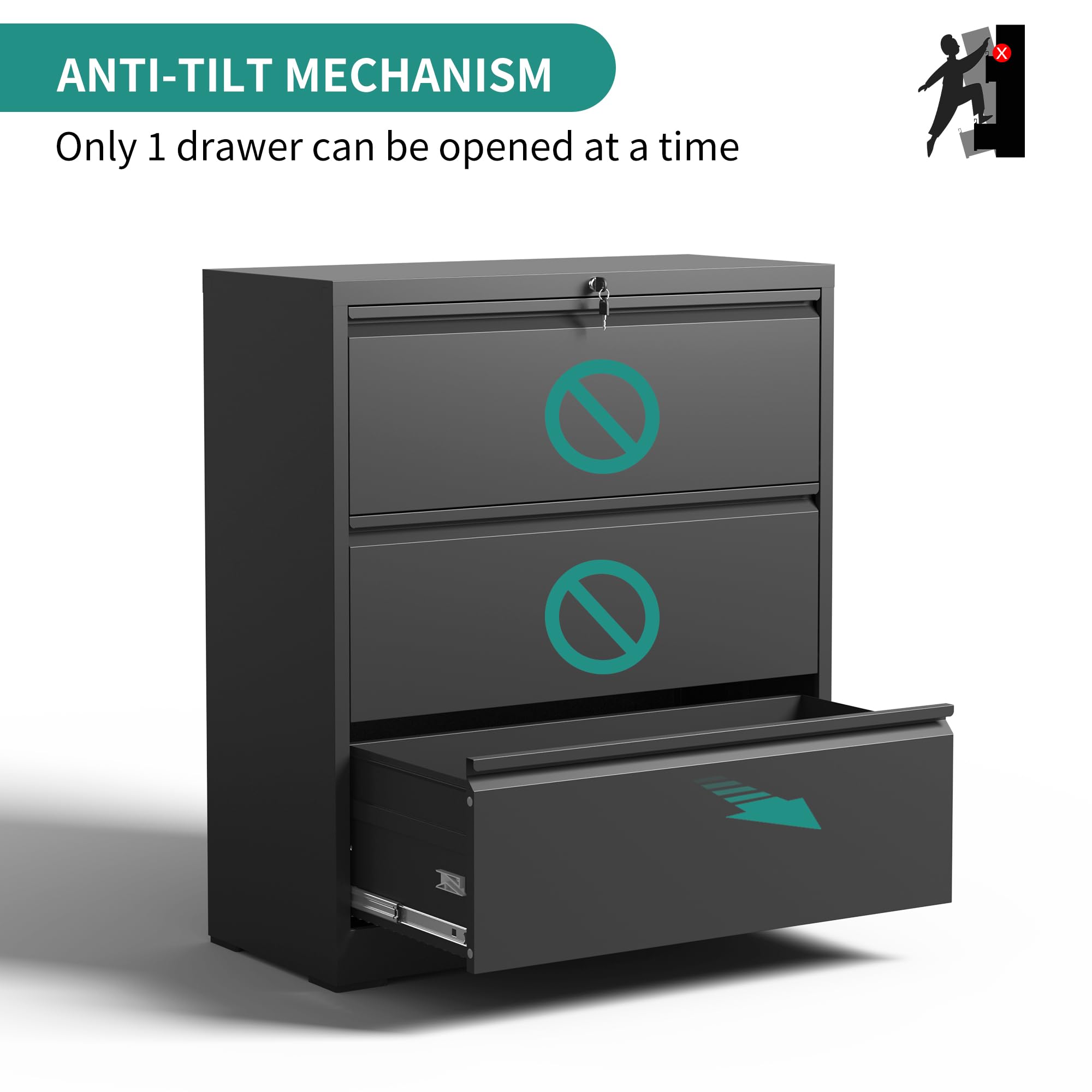 3-Drawer Lateral File Cabinet with Lock - Metal Filing Cabinet for Home & Office - Steel Storage Cabinet for Letter/Legal/F4/A4 Documents with Hanging Bars - Easy Assembly (Black) - Perfect for Organizing Office Files, Home Documents & School Records