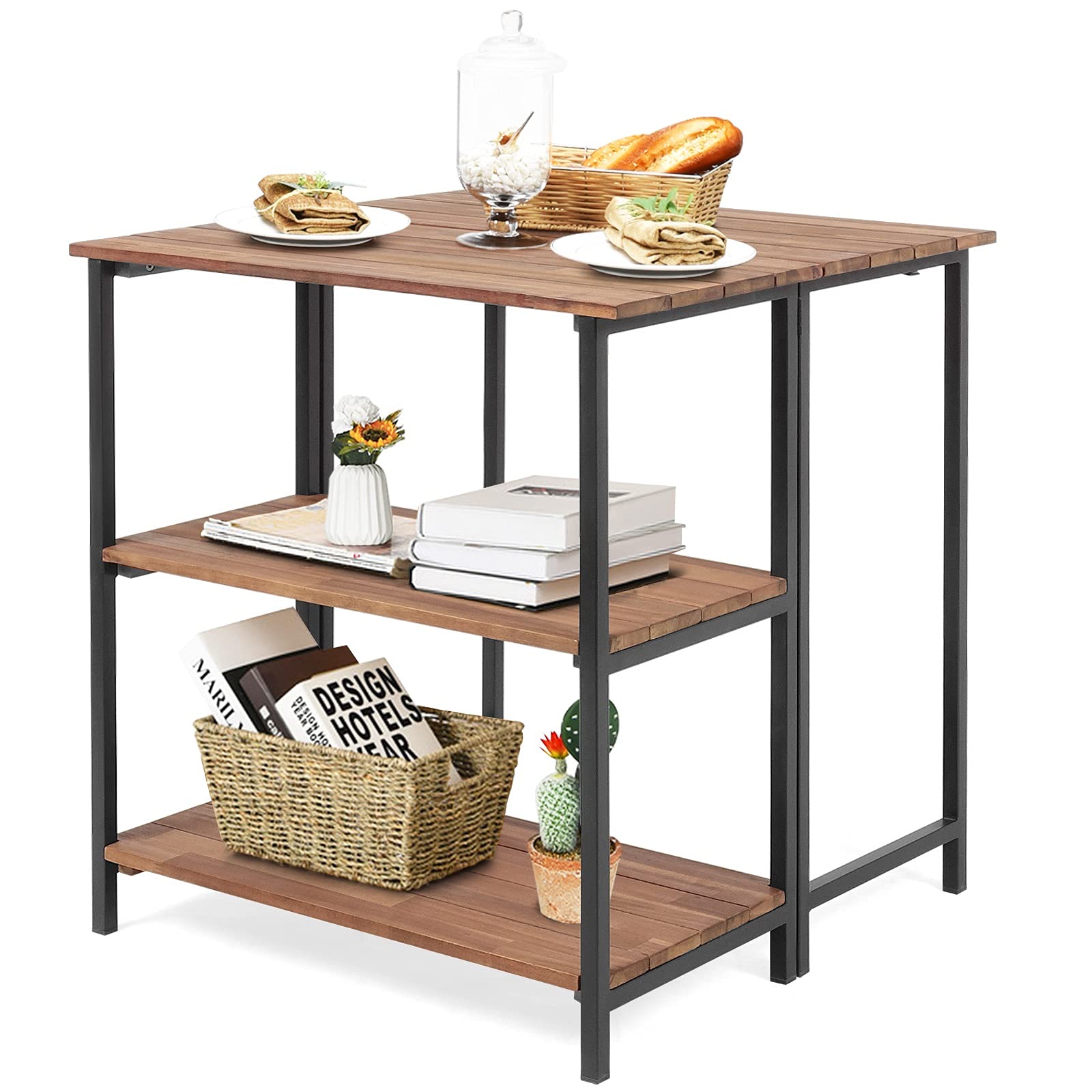 HAPPYGRILL Folding Kitchen Table - Microwave Stand with 2 Storage Shelves, Sturdy Steel Frame & Acacia Wood Top - Perfect for Small Spaces, Baking, Cooking & Kitchen Organization