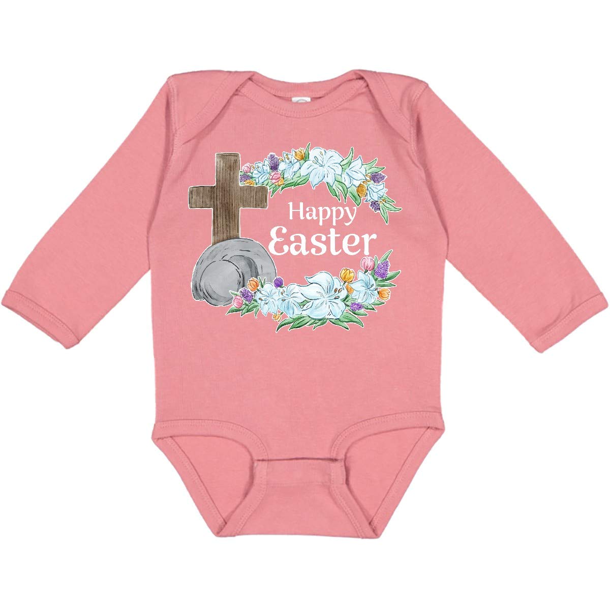 Inktastic Happy Easter with Cross and Flowers Long Sleeve Baby Creeper - Perfect for Easter Sunday Church & Spring Family Photos