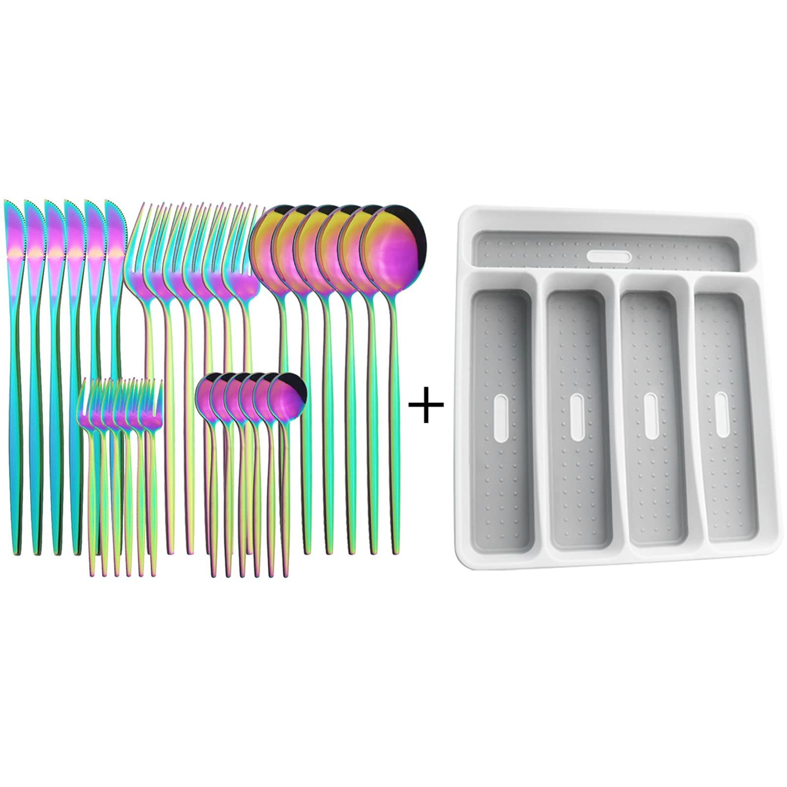 30-Piece Stainless Steel Rainbow Silverware Set with 5-Compartment Tray - Flat Handle Cutlery Set for 6 - Dishwasher Safe Mirror Finished Utensils for Home, Restaurant & Party Dining