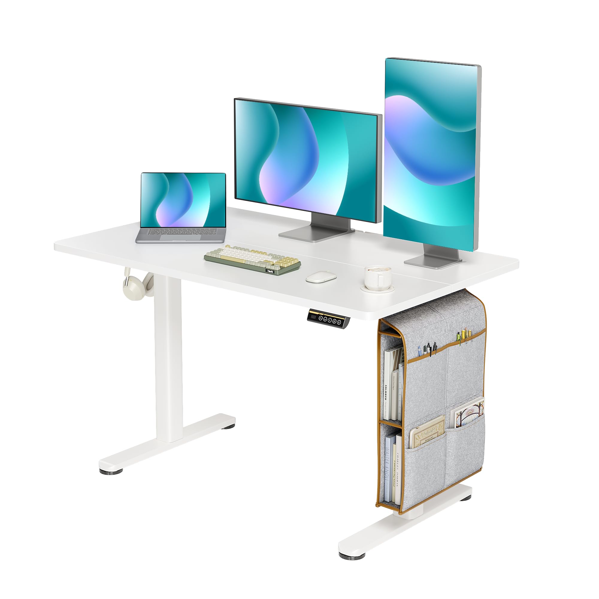 Claiks 48x24 Inch Electric Standing Desk - Adjustable Height, Spacious Storage Bag & Headphone Hook - White Sit Stand Desk for Home Office, Gaming & Study Workstation - Perfect for Remote Work & Ergonomic Workspaces