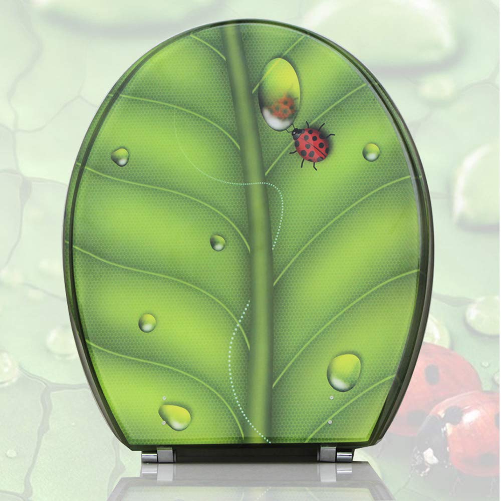 Double East Elongated Resin Toilet Seat with Lid Cover - Soft Close, Molded Wood Construction & Stainless Steel Hinges (Green Leaf Design) - Perfect for Modern Bathrooms, Guest Restrooms & Home Renovation Projects