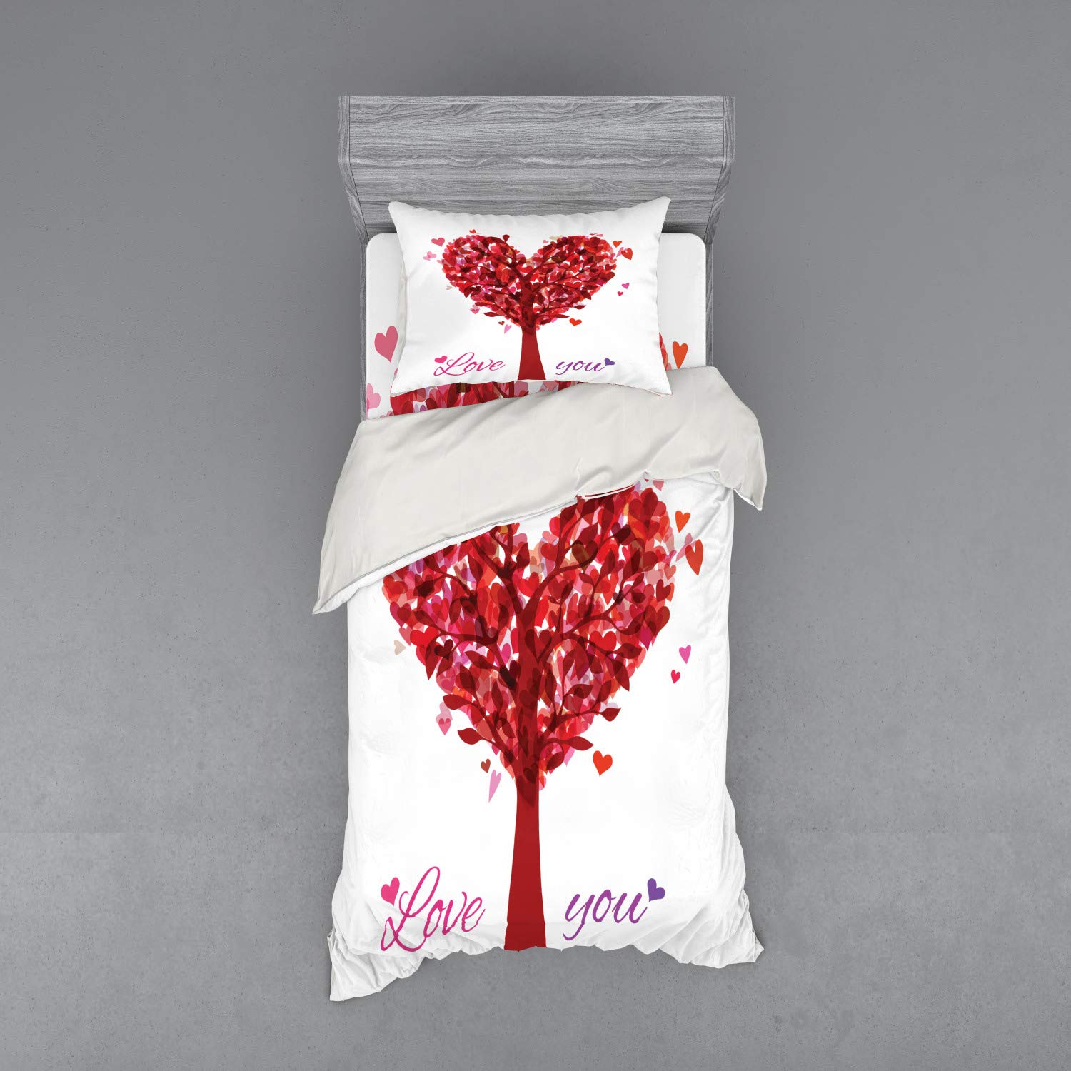 Ambesonne Love Bedding Set - Heart-Shaped Tree Holiday Romance Garden Vintage Style 3-Piece Duvet Cover Set with Sham & Fitted Sheet, Twin XL Size in Ruby Pink Purple - Perfect for Valentine's Day, Anniversary Gifts & Romantic Bedroom Decor