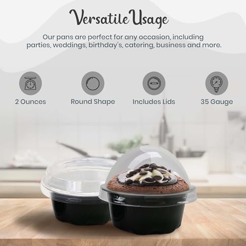 KitchenDance Aluminum Mini Foil Cups with Snap-on Lid - 100 Count Disposable Dessert Cups for Mini Creme Brulee, Flan, Sauces & Individual Servings - Sturdy Black Baking Cups - Perfect for Parties, Catering & Home Baking