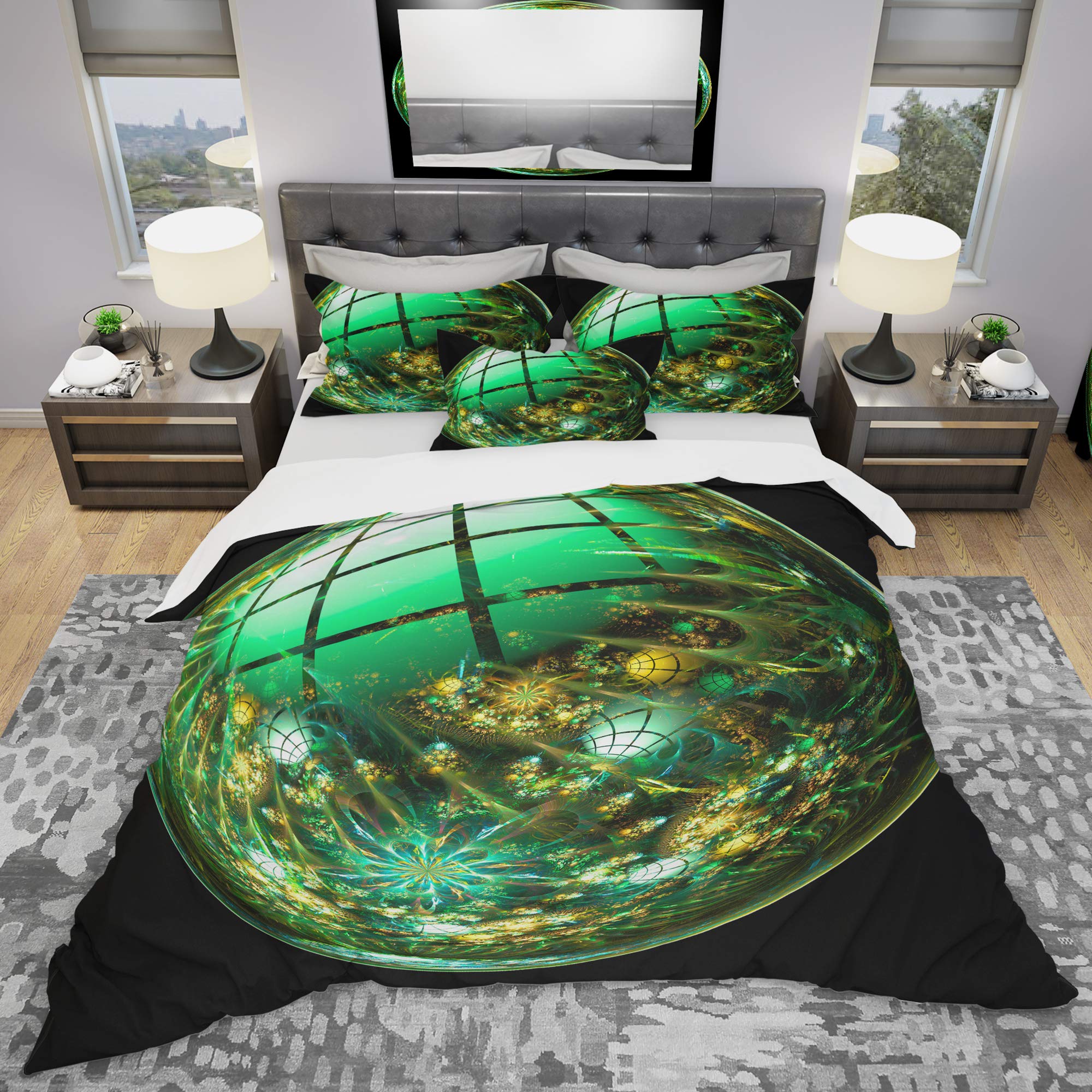 Bright Green Fractal Duvet Cover Set King - Modern Abstract Bedding for All Seasons