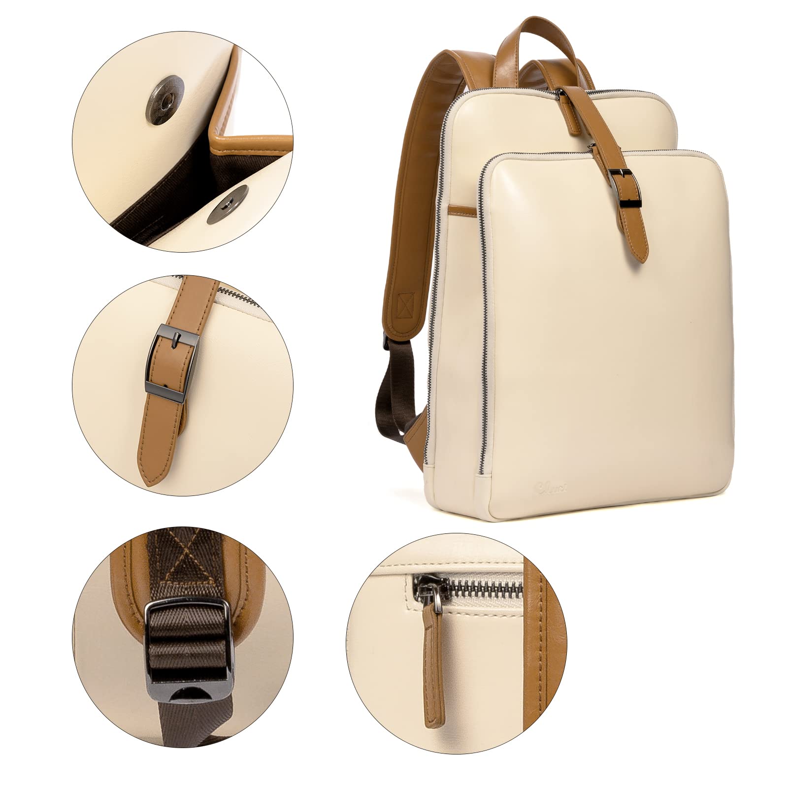 CLUCI Women's Leather Laptop Backpack - 15.6 Inch Stylish Travel Computer Bag, Business & College Daypack in Beige & Brown for Work, School & Commute