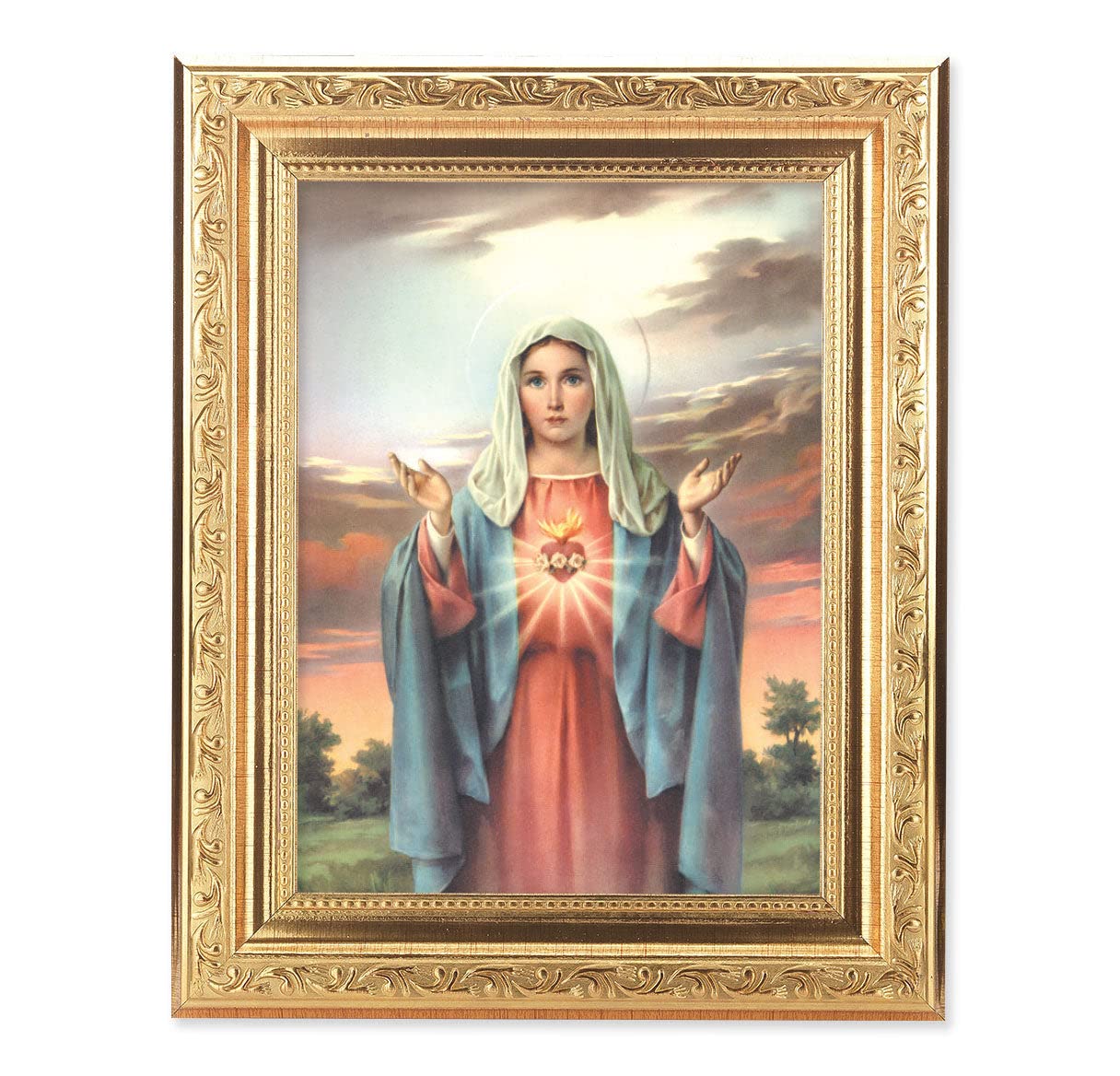 Immaculate Heart of Mary Framed Wall Art - Gold Leaf Antique Finish with Acanthus Leaf Detail - Catholic Home Decor for Living Room, Bedroom & Prayer Space