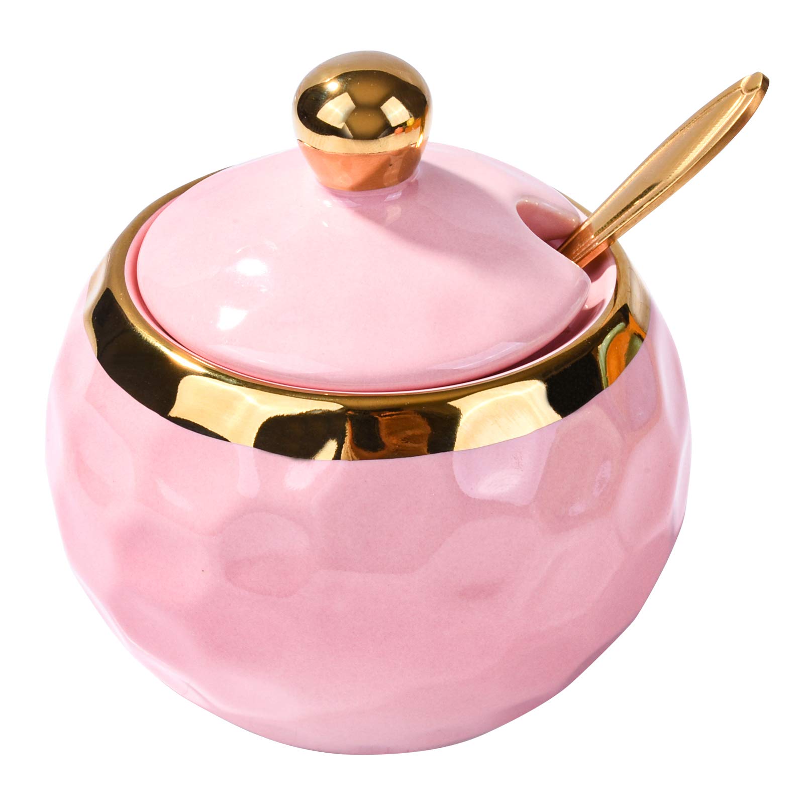 Golf Shaped Ceramic Sugar Bowl with Lid & Golden Spoon - Pink Kitchen Storage for Coffee, Tea & Baking Essentials - Perfect for Home, Office & Gift Giving
